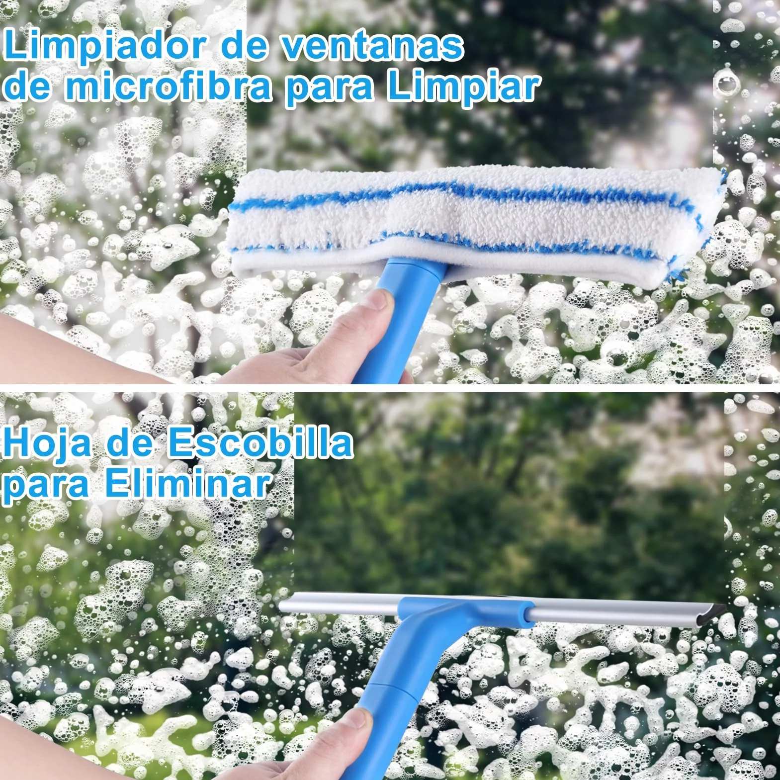 Mitclear Limpiacristales con Mango Extensible 146cm, Kit Limpiacristales Profesional con Escobilla de Silicona y Paños de Microfibra