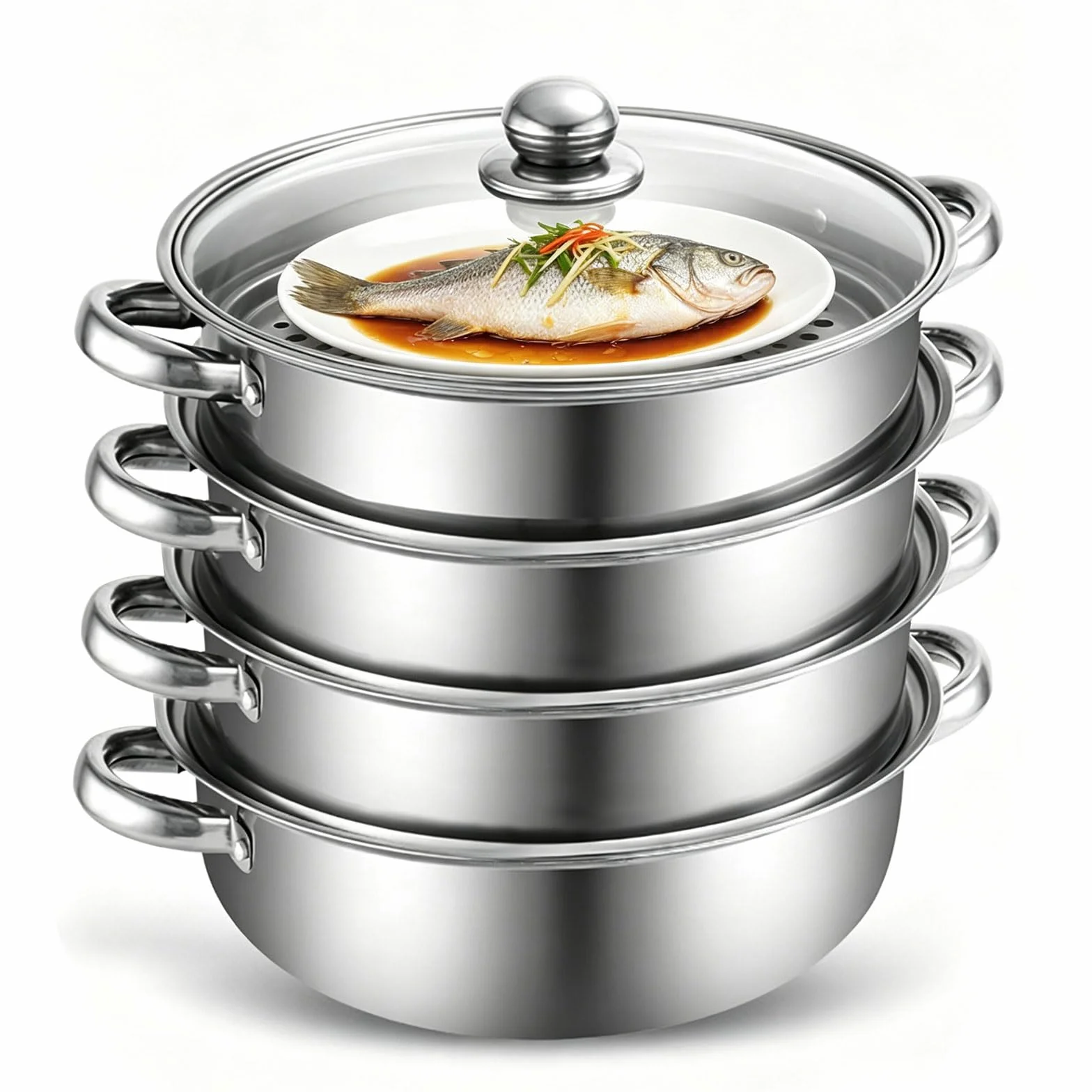 Olla para Cocinar al Vapor, 28 CM Acero Inoxidable, con Inserto de Vapor y Tapa de Cristal Inducción, Olla de Vapor para Cocinar al Vapor Simultáneamente Sopa, Pasta (Paquete de cuatro unidades)