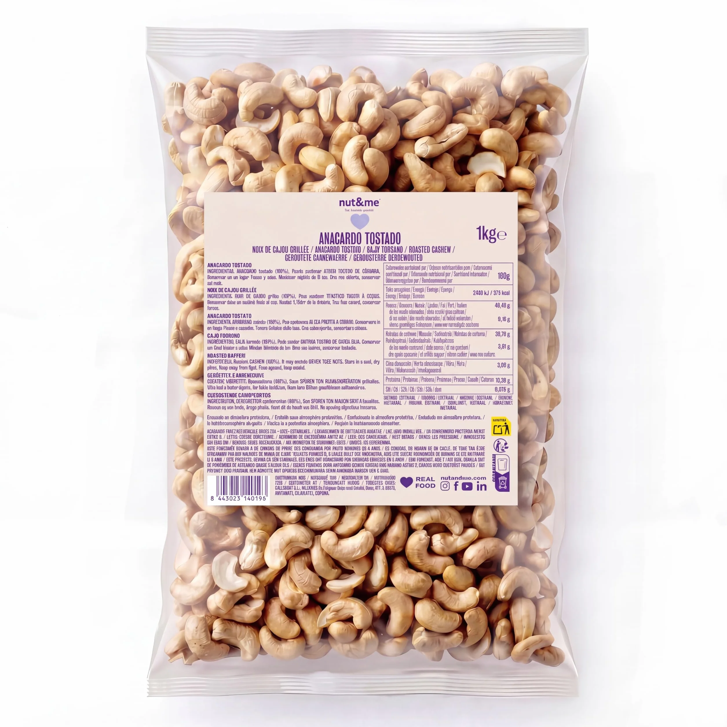 Anacardos enteros tostados sin sal 1 kg nut&me sin gluten vegano natural alto en proteínas snack saludable