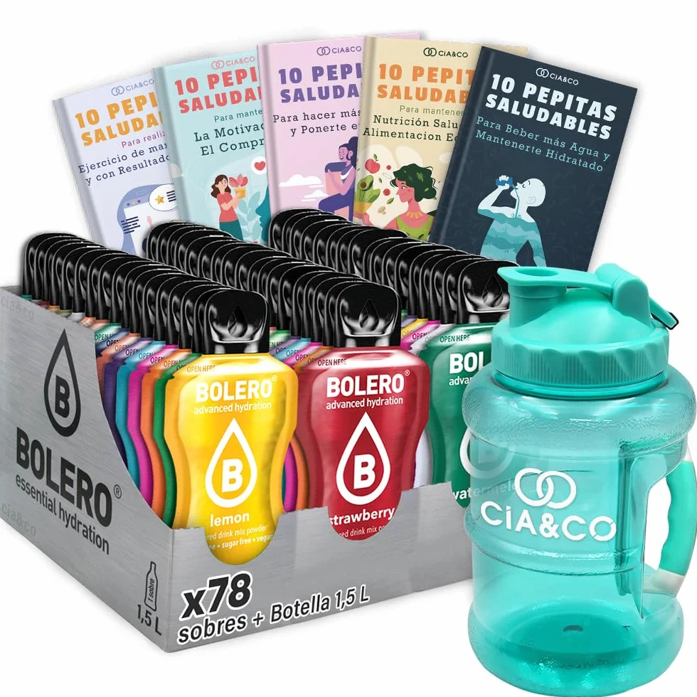 Bolero MIX Sabores VARIADOS 78x9g + BOTELLA 1500ml Aguamarina + 50 Pepitas Saludables Cia&Co - Hidratación Saludable sin Azúcar