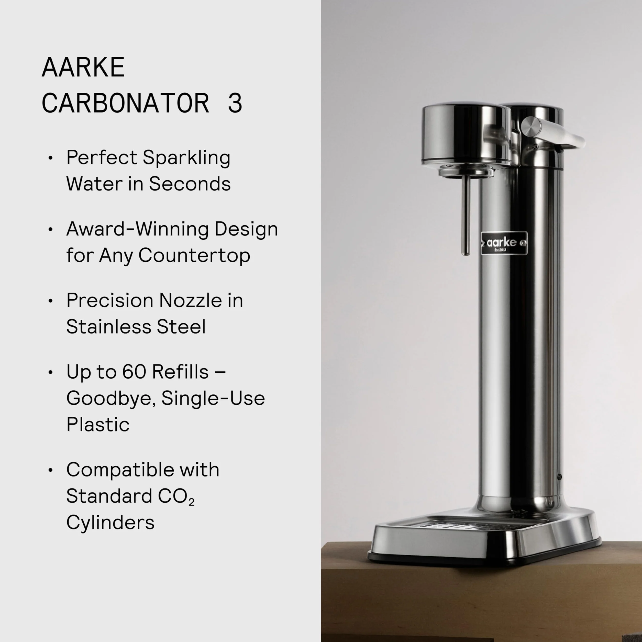 Aarke Carbonator 3 Máquina de agua con gas acero inoxidable 60 litros CO2 renovable