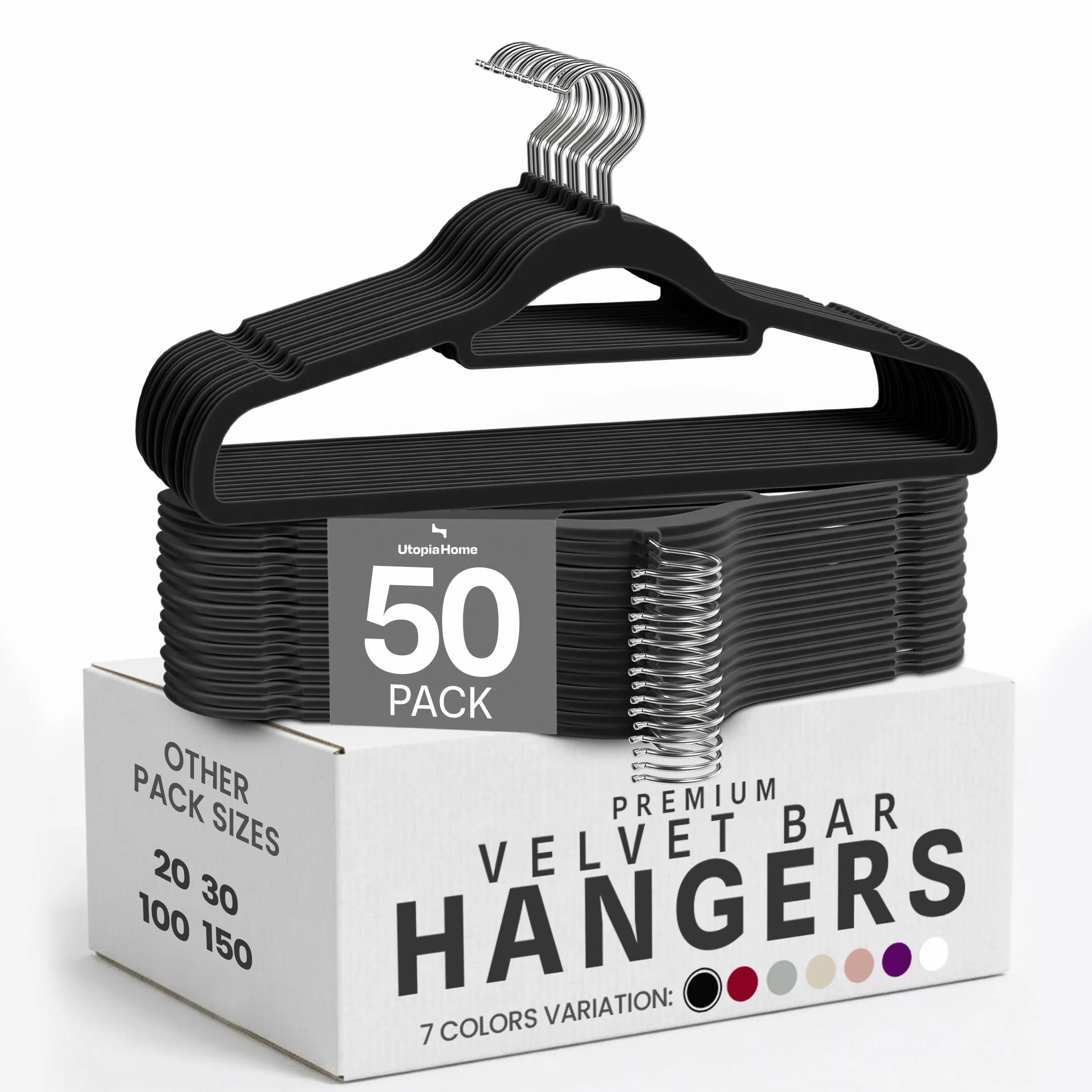 Perchas de Terciopelo Utopia Home con Tie Bar - Antideslizantes - Negro (Paquete de 50)
