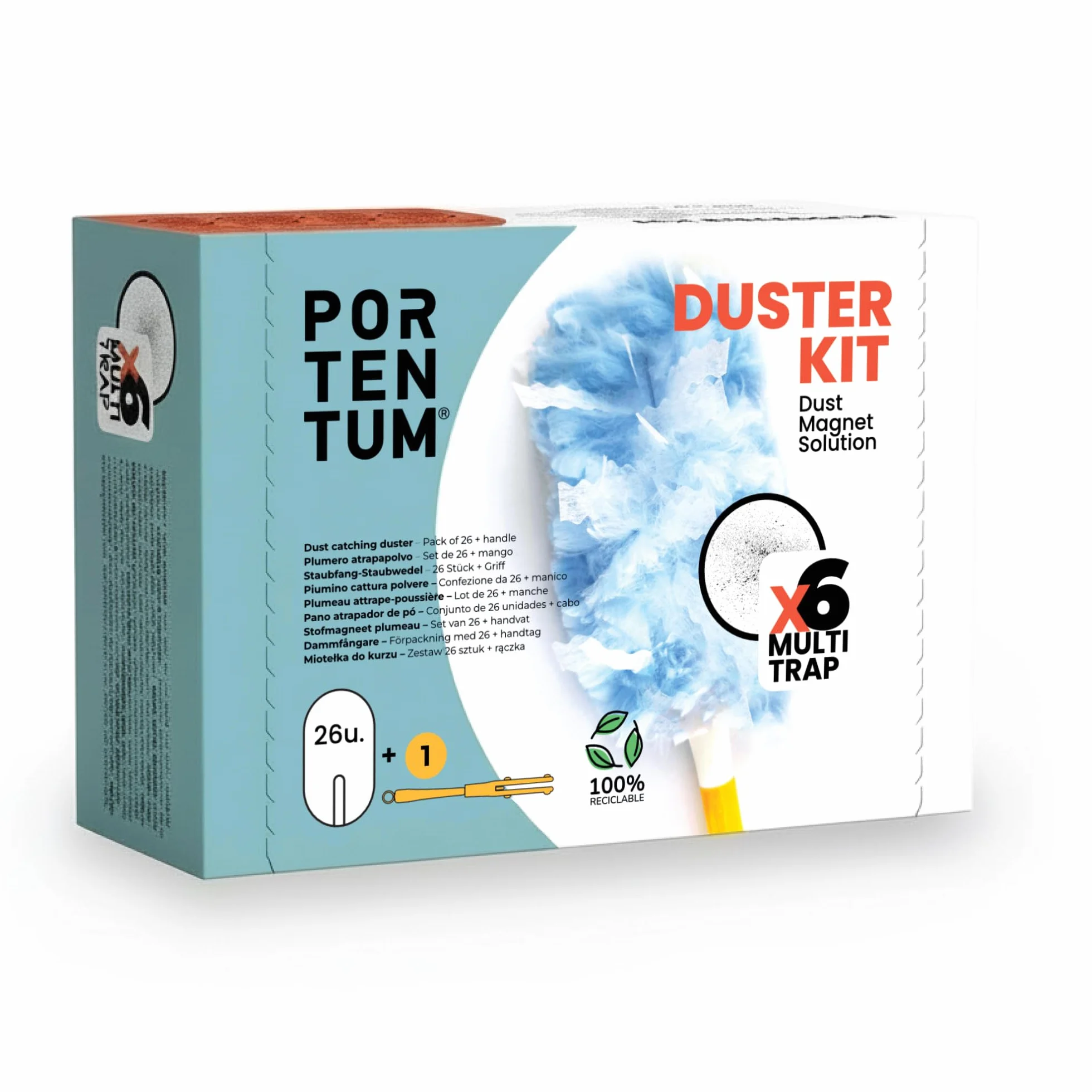 PORTENTUM Plumero Atrapapolvo, Set de 26 Recambios y 1 Mango - Kit de Limpieza Atrapa y Retiene Polvo, Pelo de Mascotas y Alérgenos, Plumero Quitapolvo Multiusos para Muebles, Coche y Electrónica