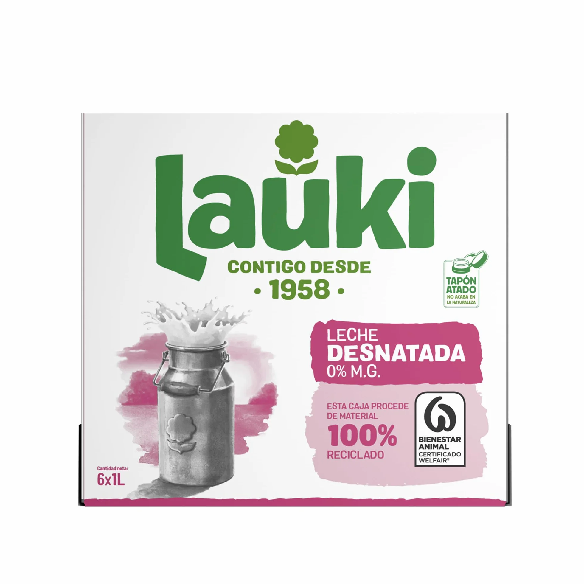 Lauki Leche Desnatada Bienestar Animal Sin Azúcar Añadido Sin Gluten Brik UHT Pack 6 x 1L