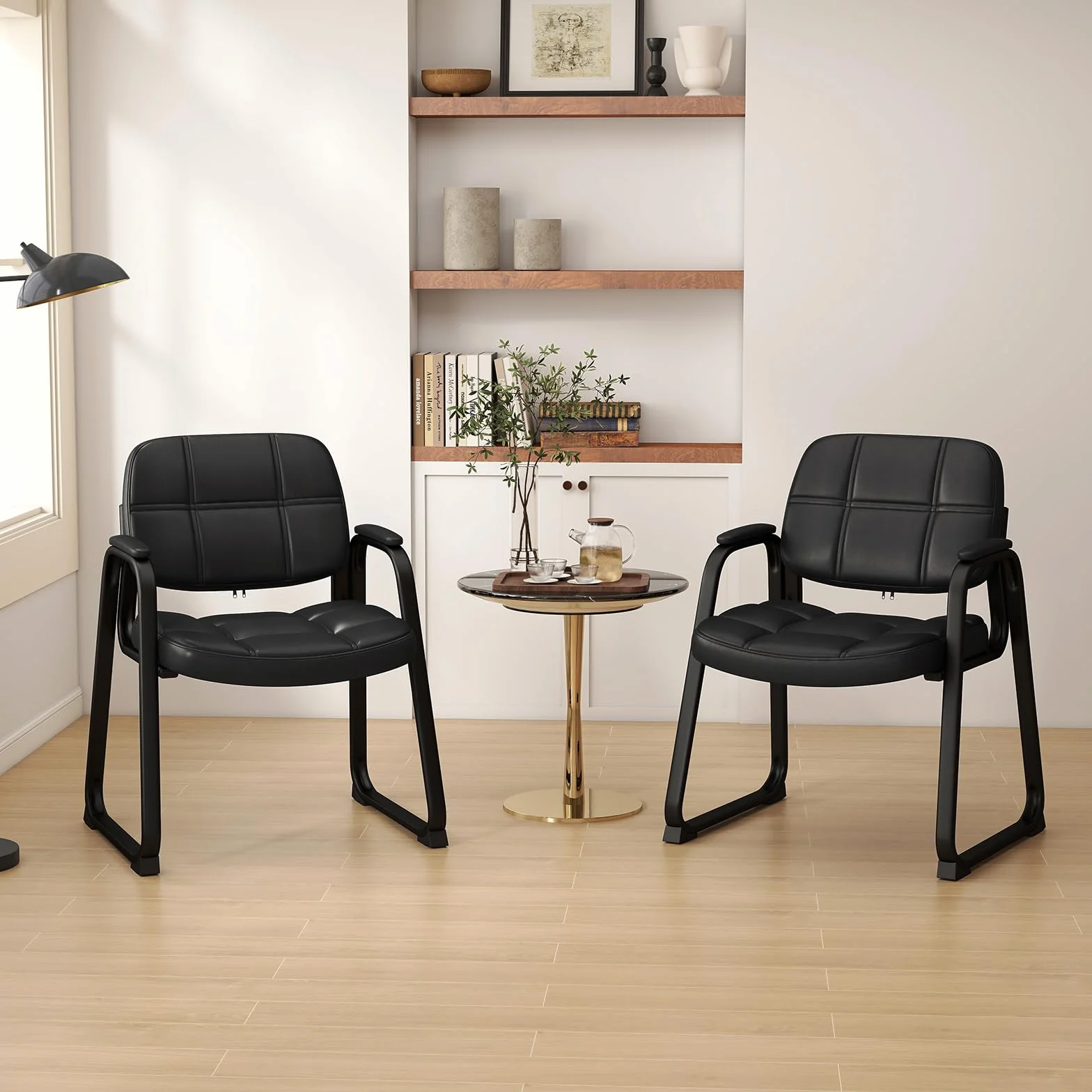 COSTWAY 2 Sillas Sala de Espera, Reposabrazos Acolchados, PU, Estructura de Metal, Sillas Confidente sin Ruedas, Silla Oficina, Carga 150kg, Negro