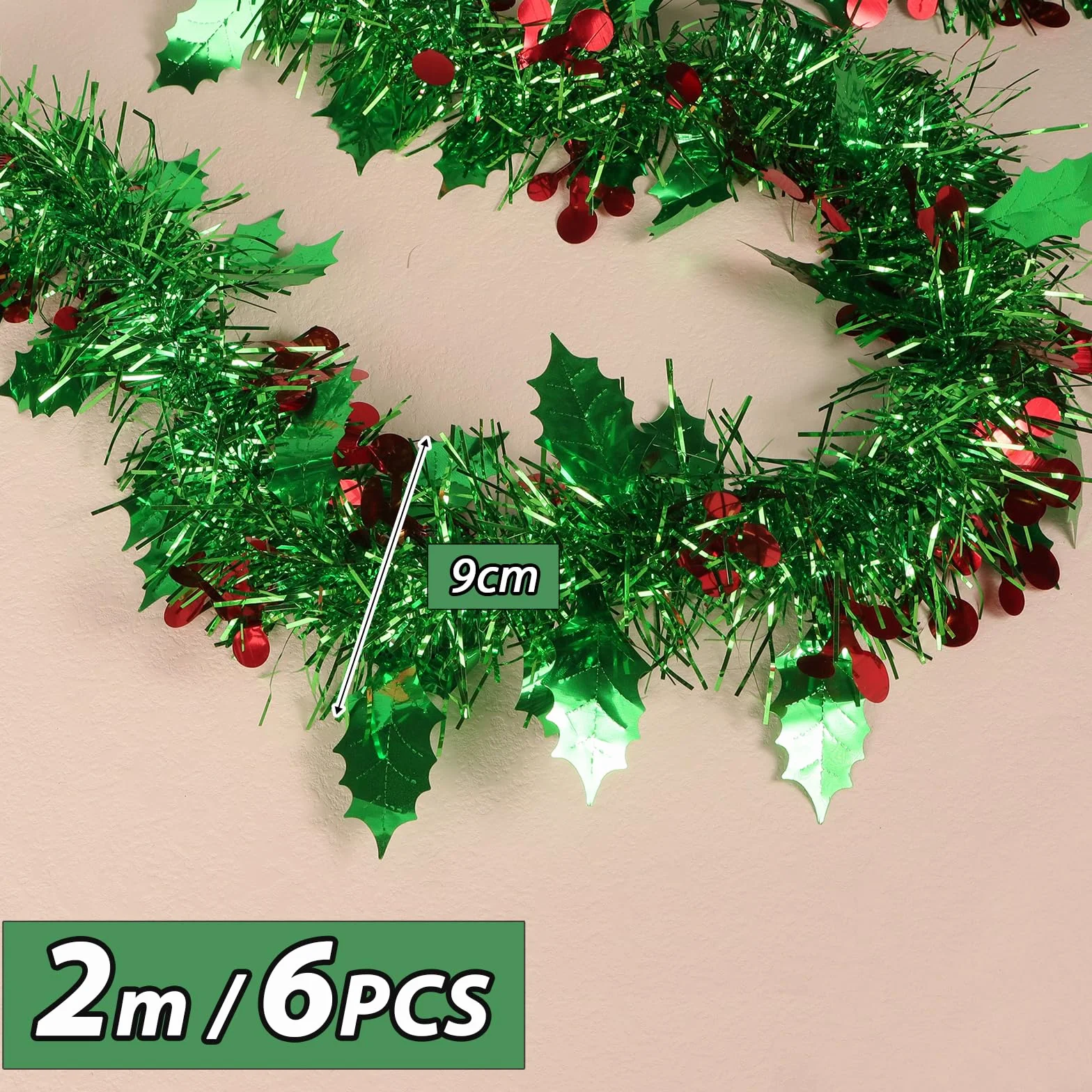 GEBETTER 6Pcs x 2m Guirnaldas Navidad, Espumillon Árbol Navidad, Oropel Hojas Verdes Bayas Rojas, Decoración Navideña Adorno Escalera Chimenea Pared Techo Ventana Hogar Fiesta Regalo (Verde)