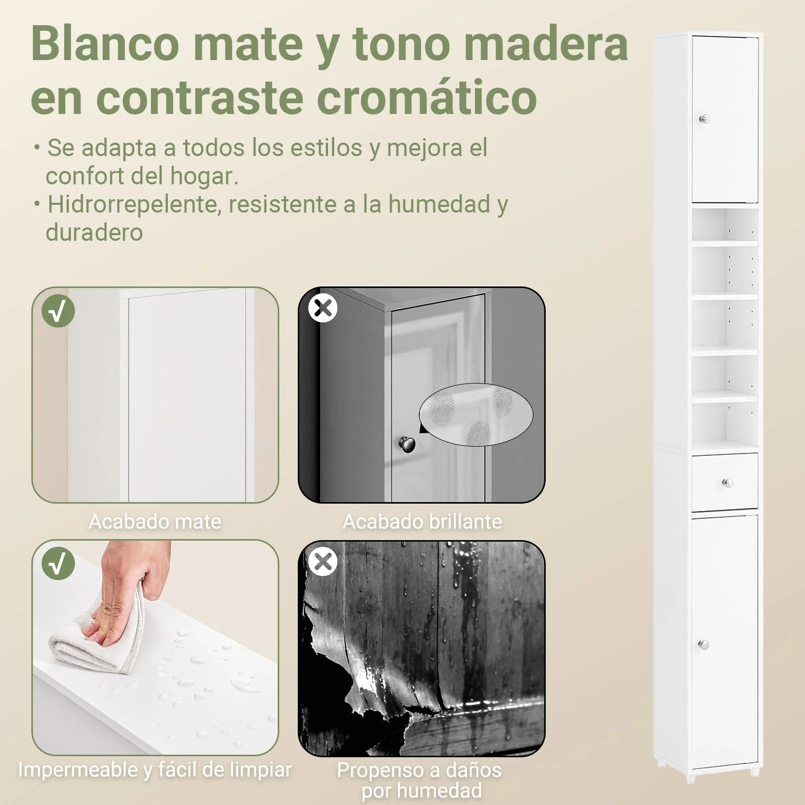 SoBuy Mueble Baño Estrecho Alto Armario Columna Auxiliar Almacenaje con Estantes Regulables Cajón 20x20x180cm BZR34-II-W