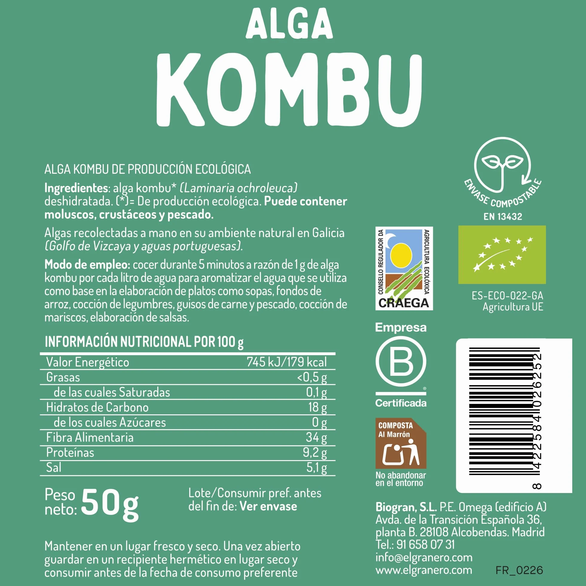 Alga Kombu Bio 50 g EL GRANERO INTEGRAL Rica en Yodo y Minerales