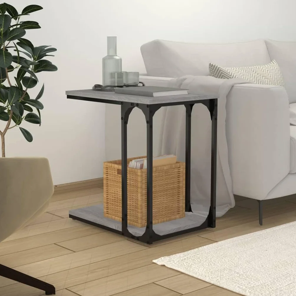 Mesa auxiliar Sonoma gris 50 x 35 x 52 cm, madera con forma de C, marco de acero estable, mesa de centro para salón, dormitorio, práctico espacio de almacenamiento