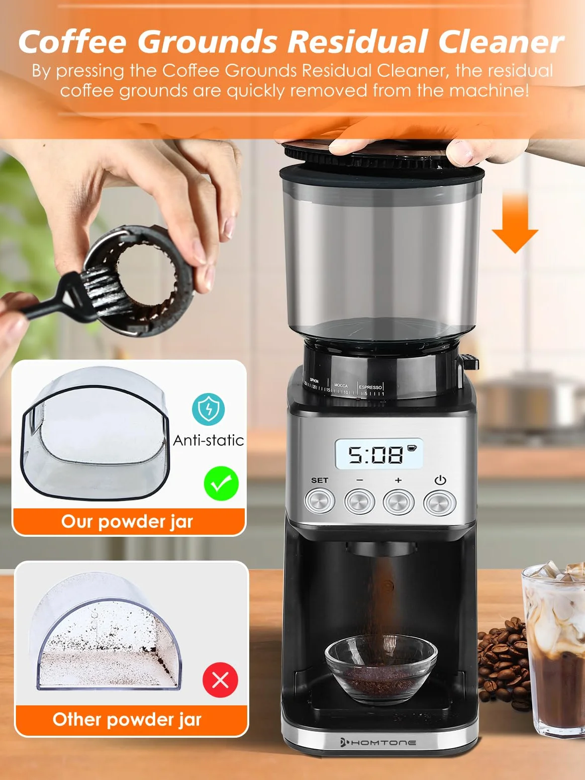 Homtone Molino de Café Eléctrico, 51 Niveles de Molienda Ajustables, Molinillo Cónico de Acero Inoxidable, Tecnología Antiestática, para Espresso, Café de Filtro y Prensa Francesa, 160 W (Plata)