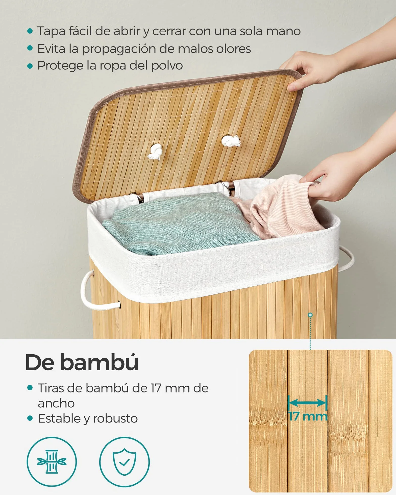 SONGMICS Cesto de la Ropa Sucia con Tapa 72 L Bambú Plegable con Bolsa Lavable Extraíble Natural LCB10Y