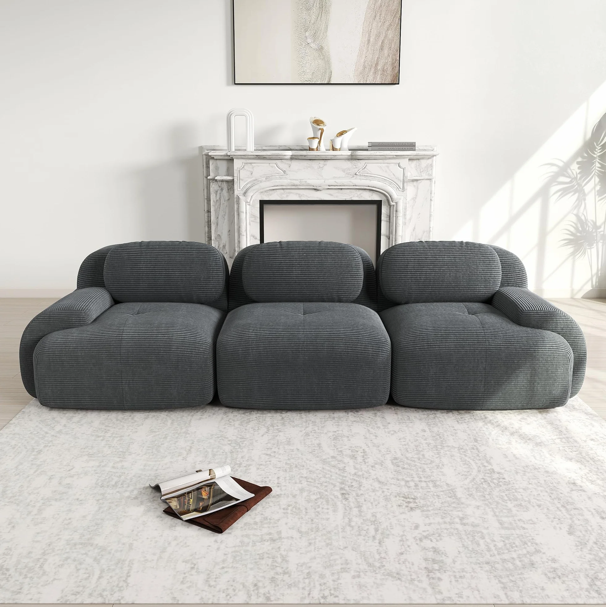 Sofá modular de 3 plazas de tela de pana, sofá sin estructura, sofá comprimido, sin montaje y con base antideslizante, combinable libremente, para salón, zonas de descanso, 298×103×75cm (Gris