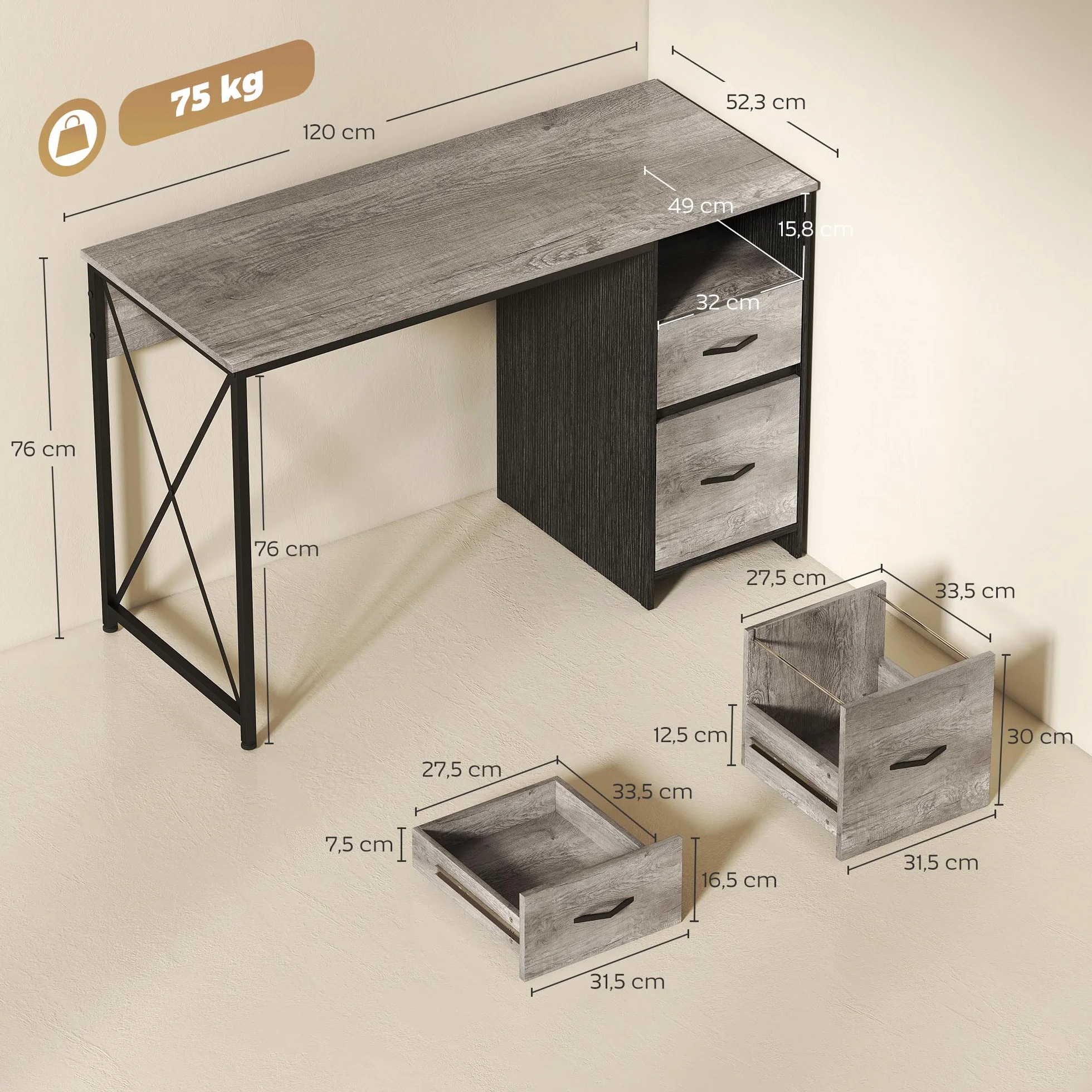 HOMCOM Mesa de Ordenador, 120x50 cm, Escritorio de Ordenador Industrial con Compartimento y 2 Cajones, para A4, Cartas, para Oficina, Estudio, Gris Claro