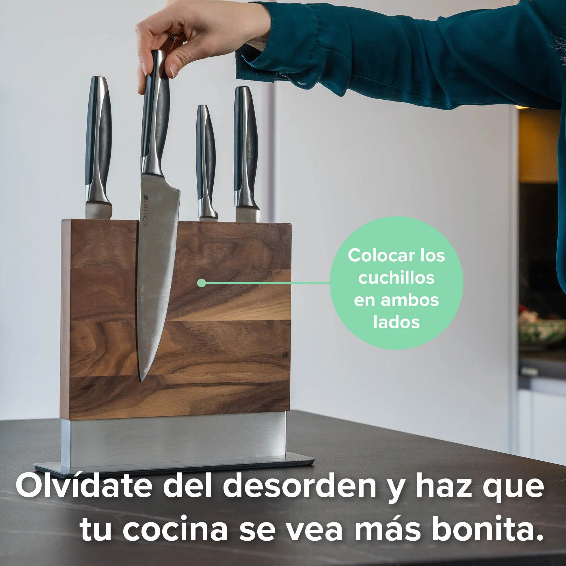 Coninx Bloque Magnético de Cuchillos 28x25.5x10cm | Soporte Cuchillos Cocina con Imán de Neodimio muy fuerte | Porta Cuchillos Cocina | Taco Cuchillos | Portacuchillos | Knife Block | Madera de Nuez