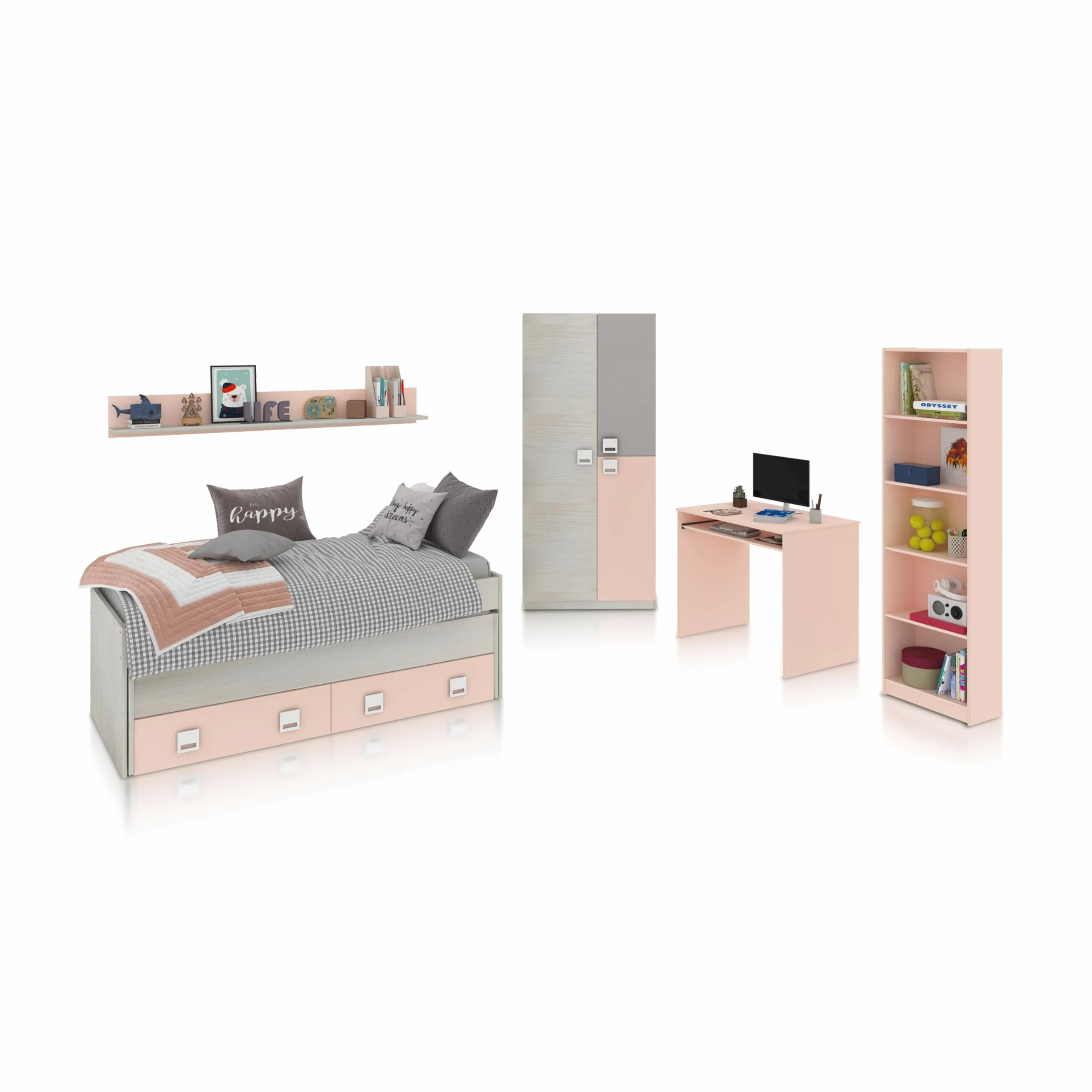 duehome | Pack de Dormitorio Juvenial con Cama Nido Juvenil, Armario, Escritorio y Estantería, Conjunto de Dormitorio Infantil, Modelo Kenia MAX, Acabado en Blanco Alpes, Rosa Pastel y Gris