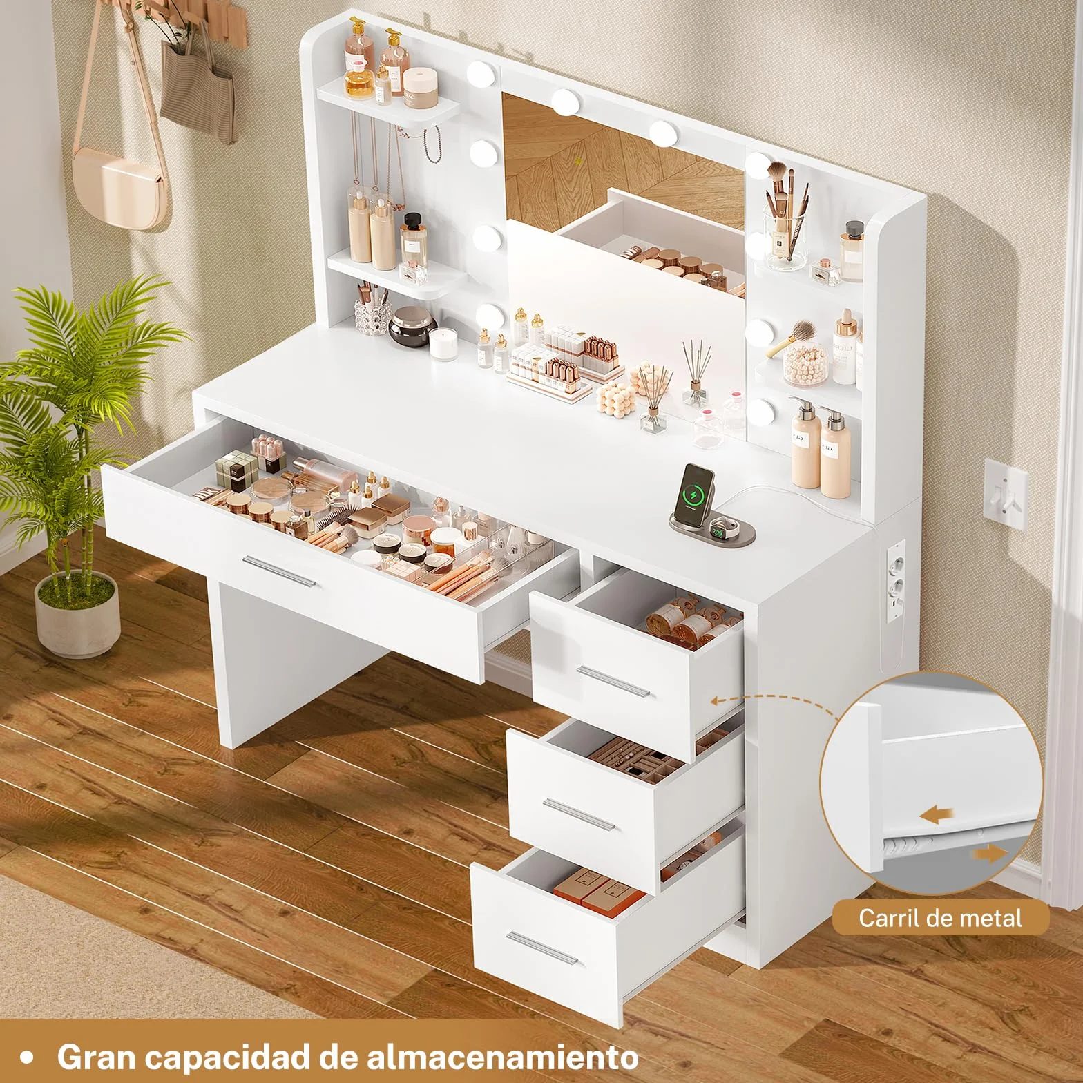 Mesa de Maquillaje con Luces y Espejo, Tocador Blanco con 4 Cajones y Estantes