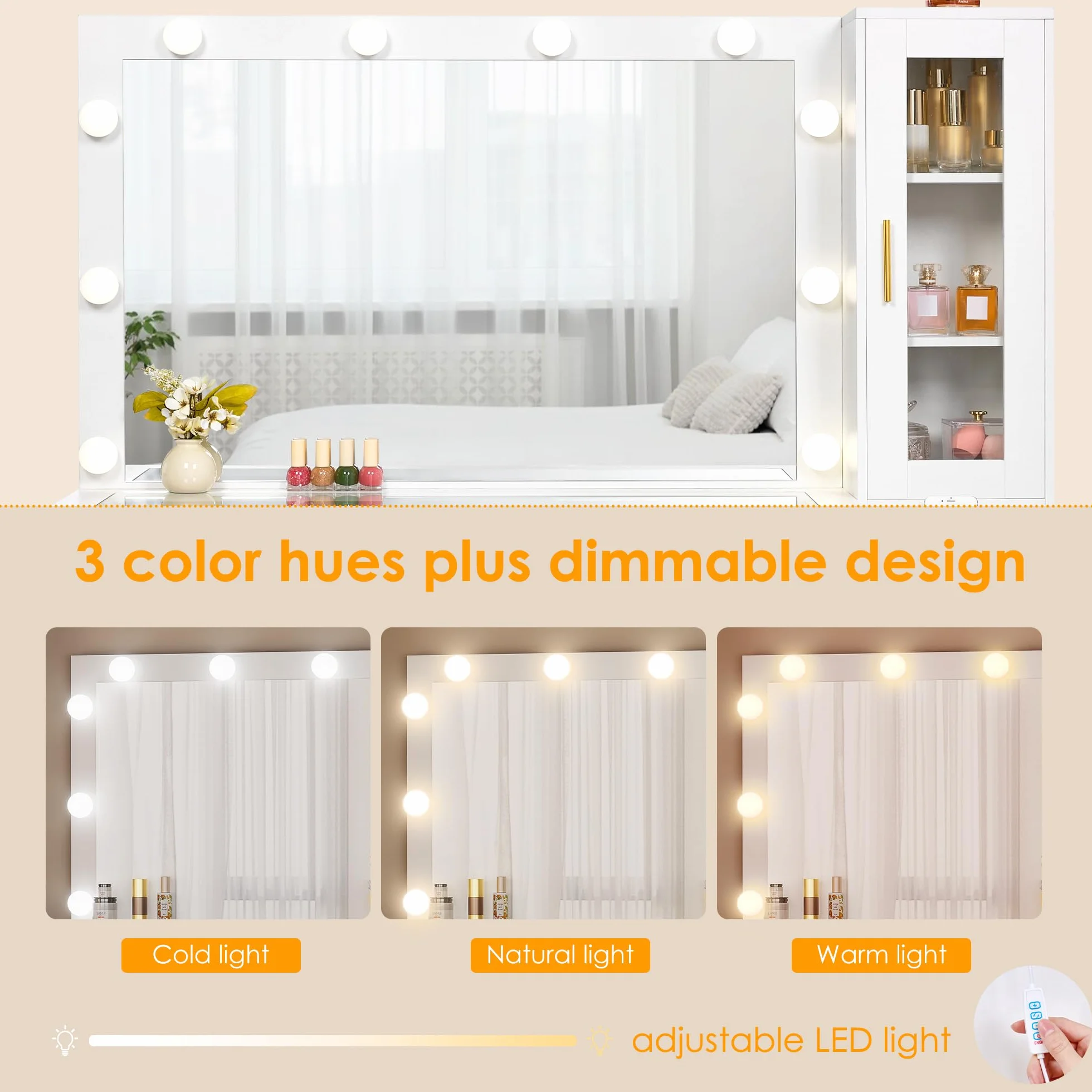 BEWISHOME Tocador con Espejo y Luces LED, Brillo Ajustable, 5 Cajones, Blanco EFST34W