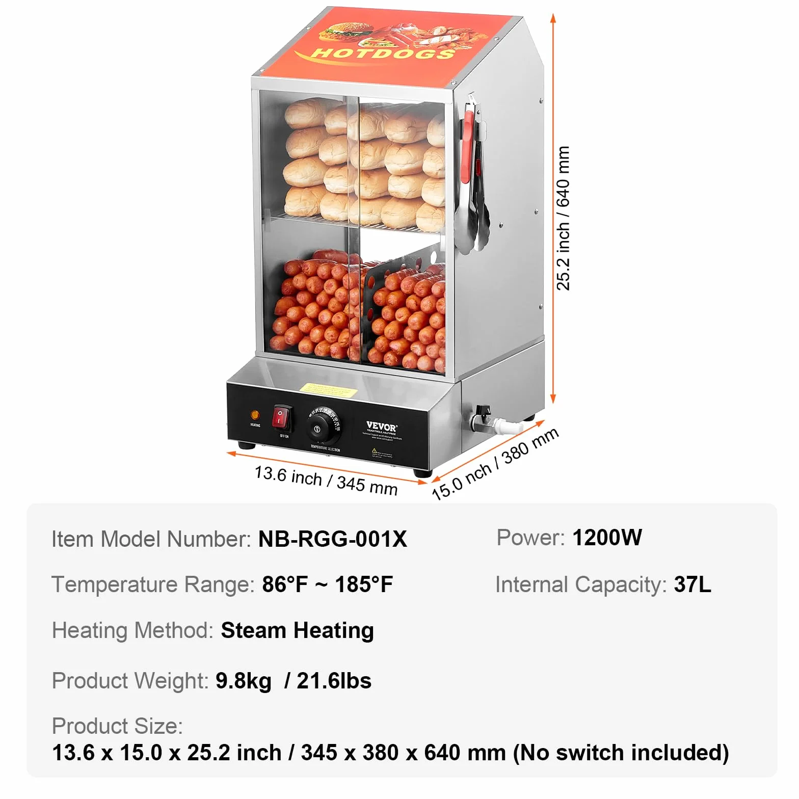 VEVOR Vaporera para Perritos Calientes, 37 L, 2 Niveles, Control de Temperatura de 30 ℃ a 85 ℃, con Puertas Corredizas de Vidrio Templado, Pinzas Placa Divisoria, Acero Inoxidable, 345 x 380 x 640 mm
