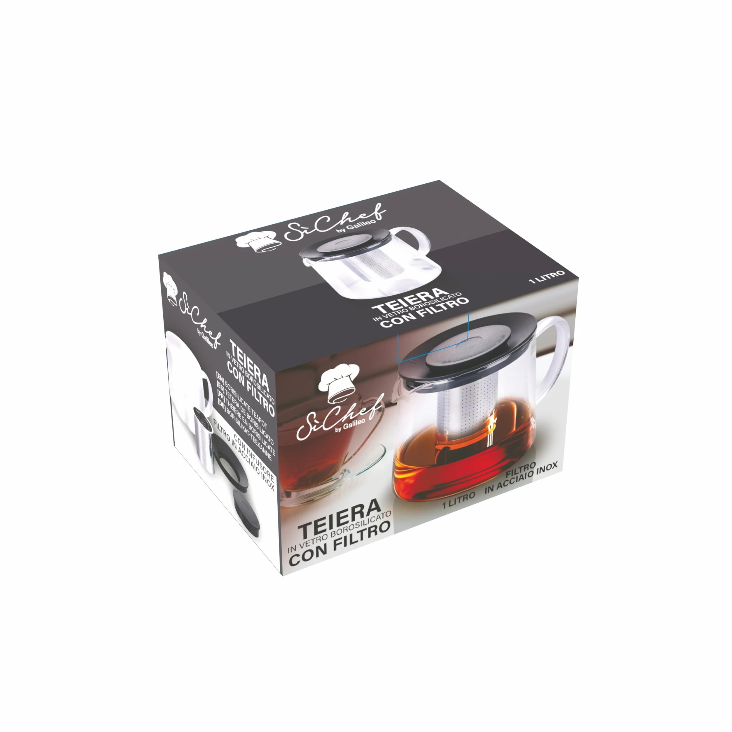 GALILEO Tetera redonda de 1 litro con infusor de vidrio borosilicato, SìChef
