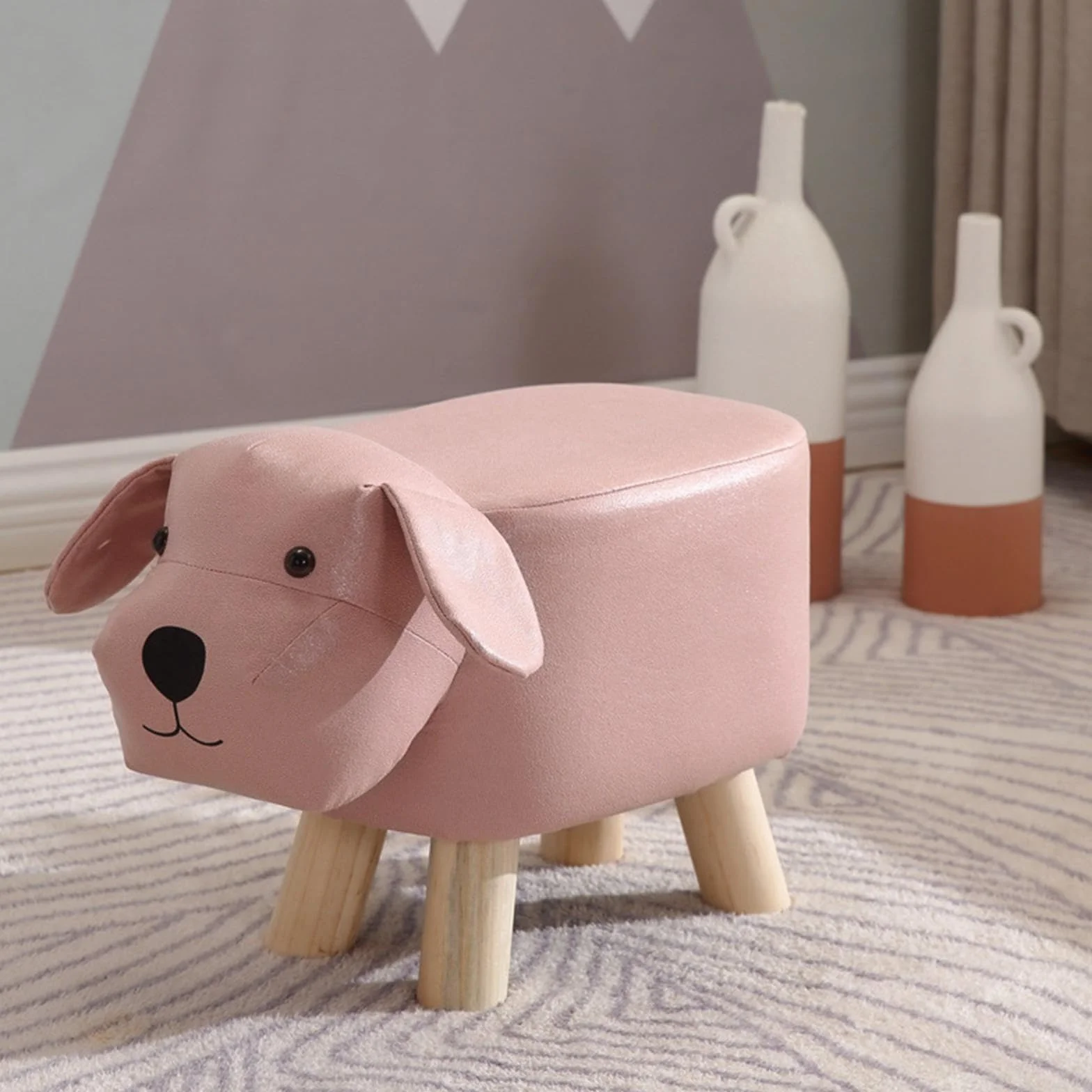 Puf Decorativo Infantil Perro Rosa para Sala de Juegos, Taburete Niños