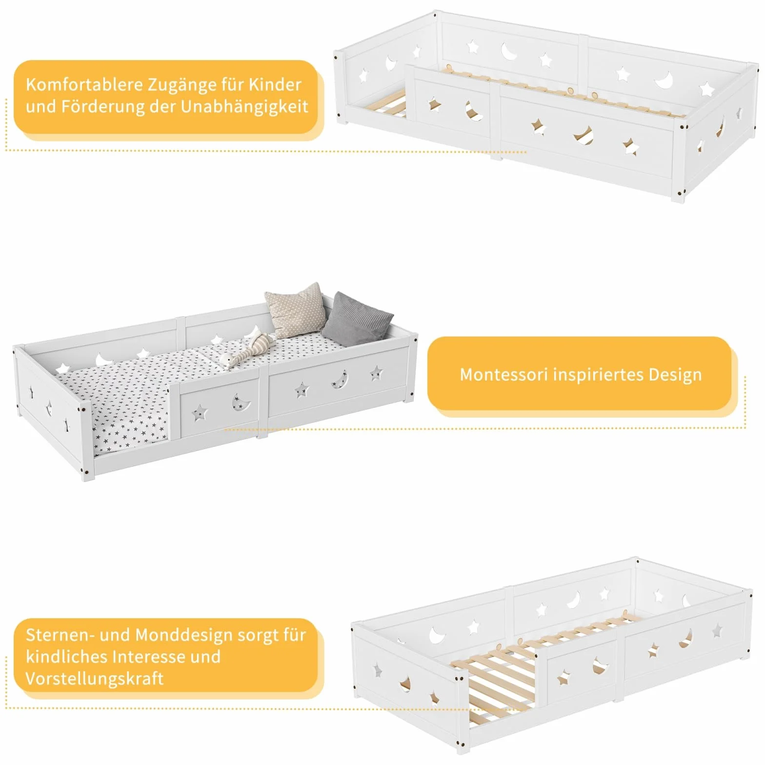 Cama en el suelo para bebé, 90 x 200 cm, cama en el suelo de inspiración Montessori, camas infantiles de madera con barrera de seguridad y somier de láminas, camas individuales para niños y