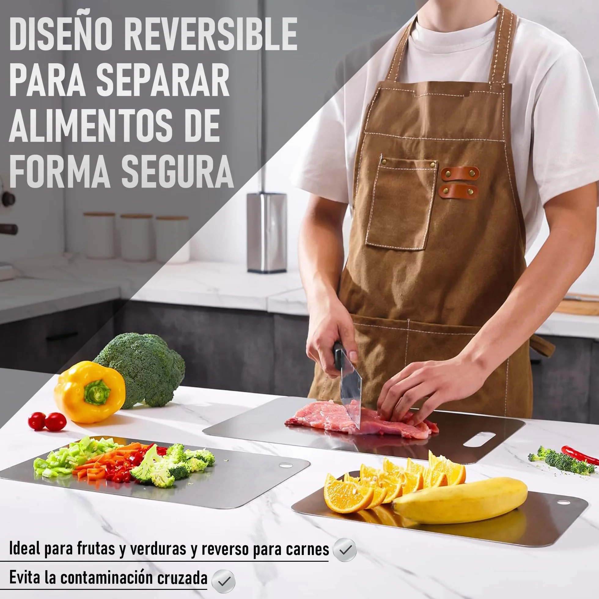 SET de 3 Tabla de Cortar con Aleación de Titanio para Cocina de Acero Inoxidable SUS316 y SUS 304 + Ganchos y Paños - Tabla de Cortar de Titanio Resistente + Reversible y Antibacteriana | 3-Stars