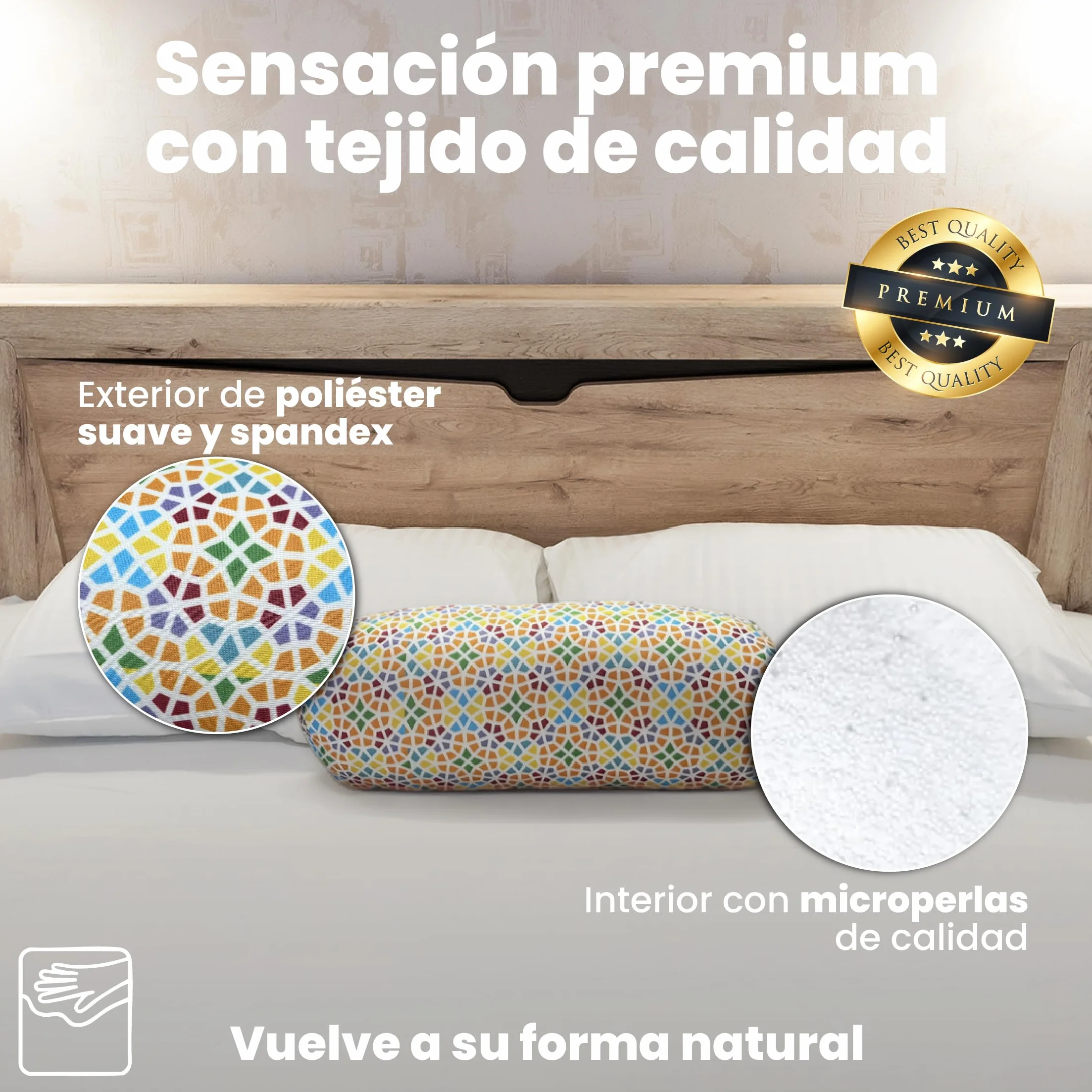 Cojín Redondo Anti-Estrés Relax 35x15 cm Alivio Cervicales Lumbares Relleno Bolitas Lycra Lavable