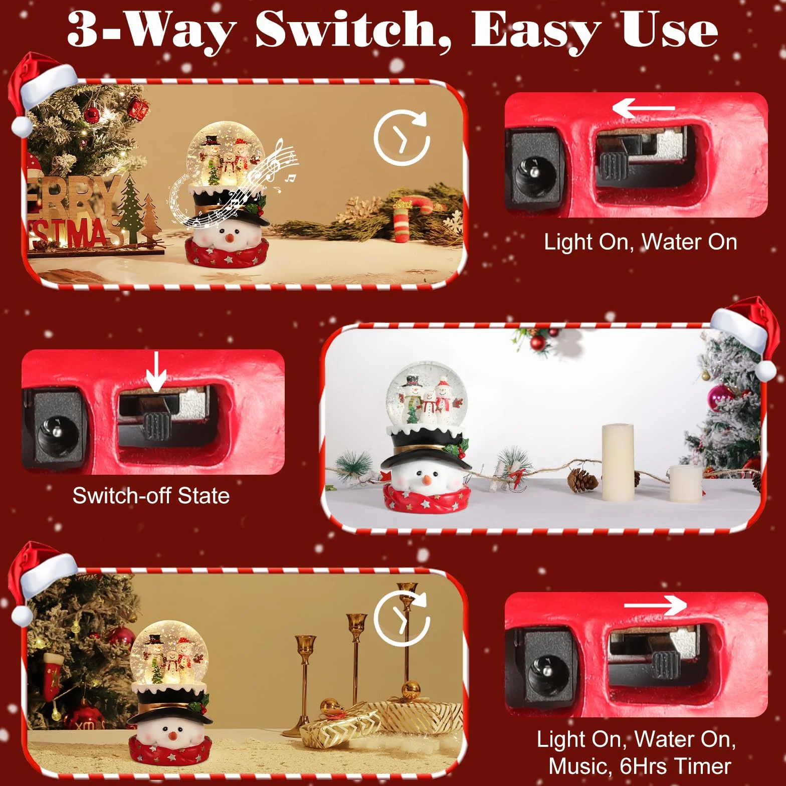 Lewondr Globo de Cristal Nieve Navideño, Hombre de Nieve, Spinning Glow y 8 Canciones, Caja Musical Árbol Navidad, Alimentado por la Batería Lámpara de Navidad