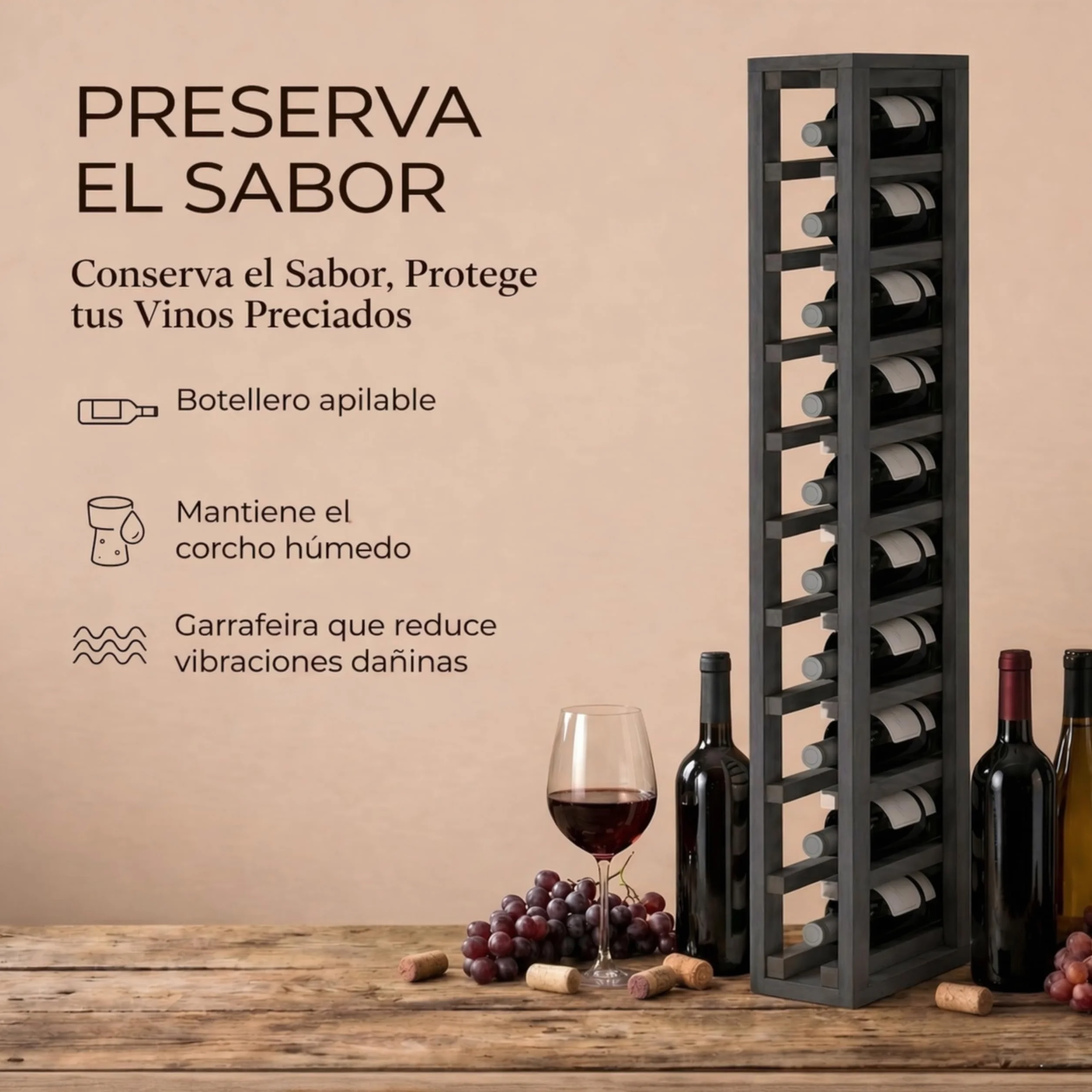 Botellero Vino de Madera Vertical 10 Botellas Pino Negro 105x13x32 cm