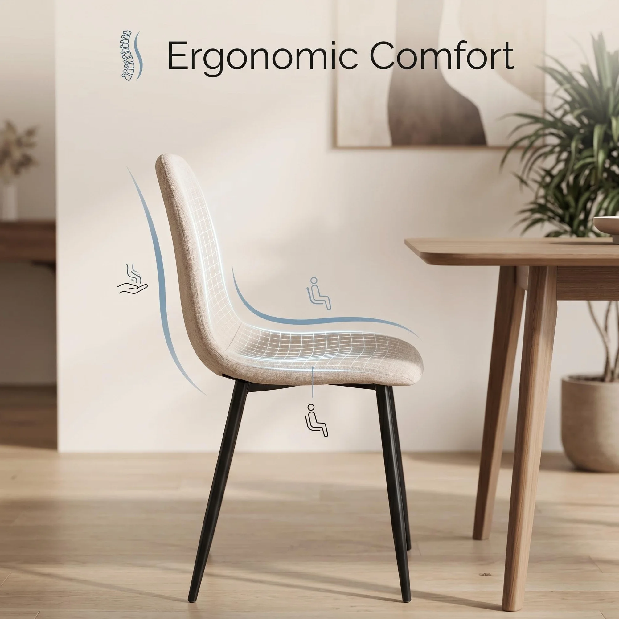 Homy Casa Juego de 4 sillas de Comedor de Tela Suave flameada, sillas Laterales escandinavas con Patas de Metal Negro para Cocina, Comedor, Sala de Estar, Dormitorio, Beige Oscuro