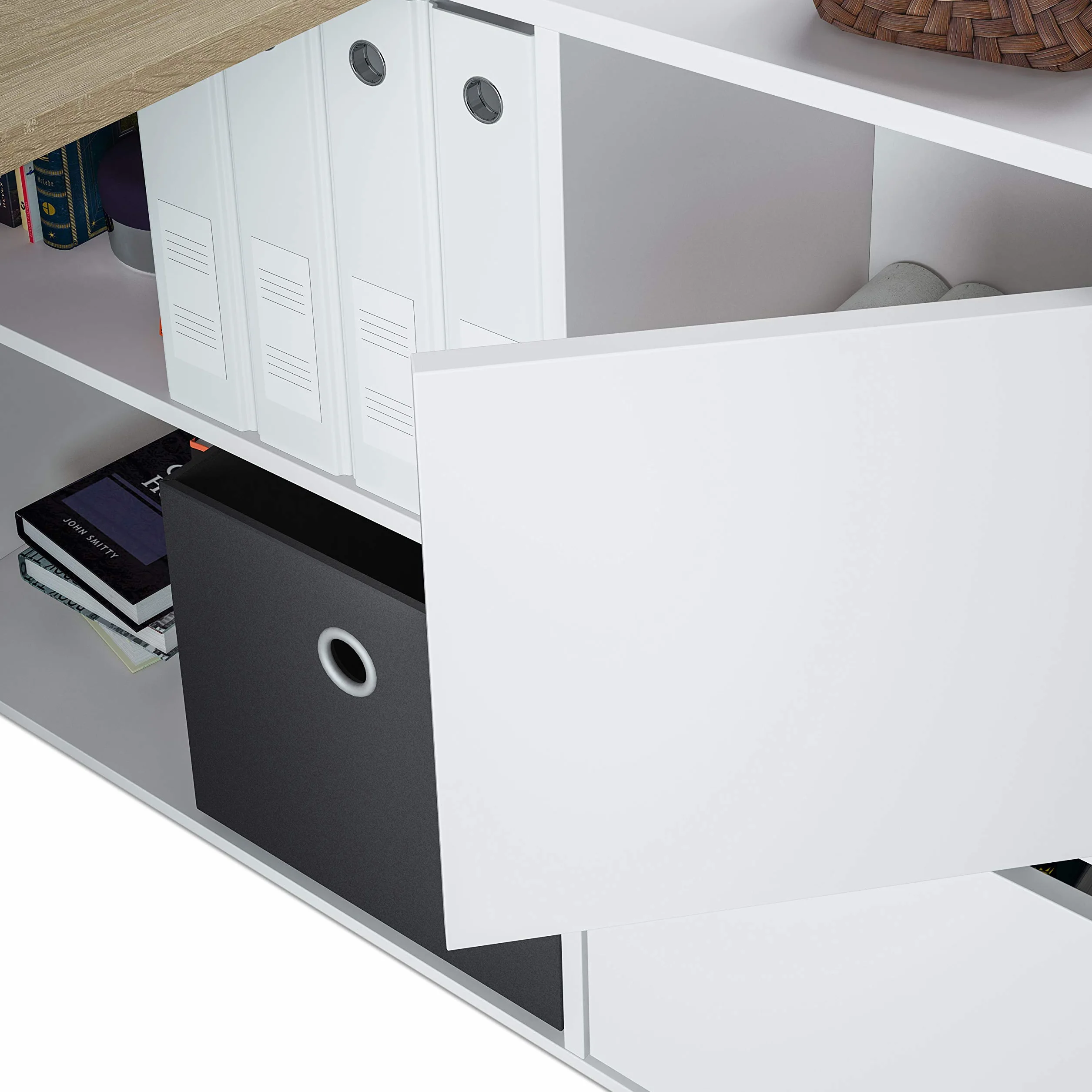 duehome | Escritorio Multiposición Reversible, Mesa Estudio, Mesa PC, Modelo Move, Acabado en Blanco Artik y Roble Canadian, Medidas: 136 cm (Largo) x 139 cm (Ancho) x 74 cm (Alto)