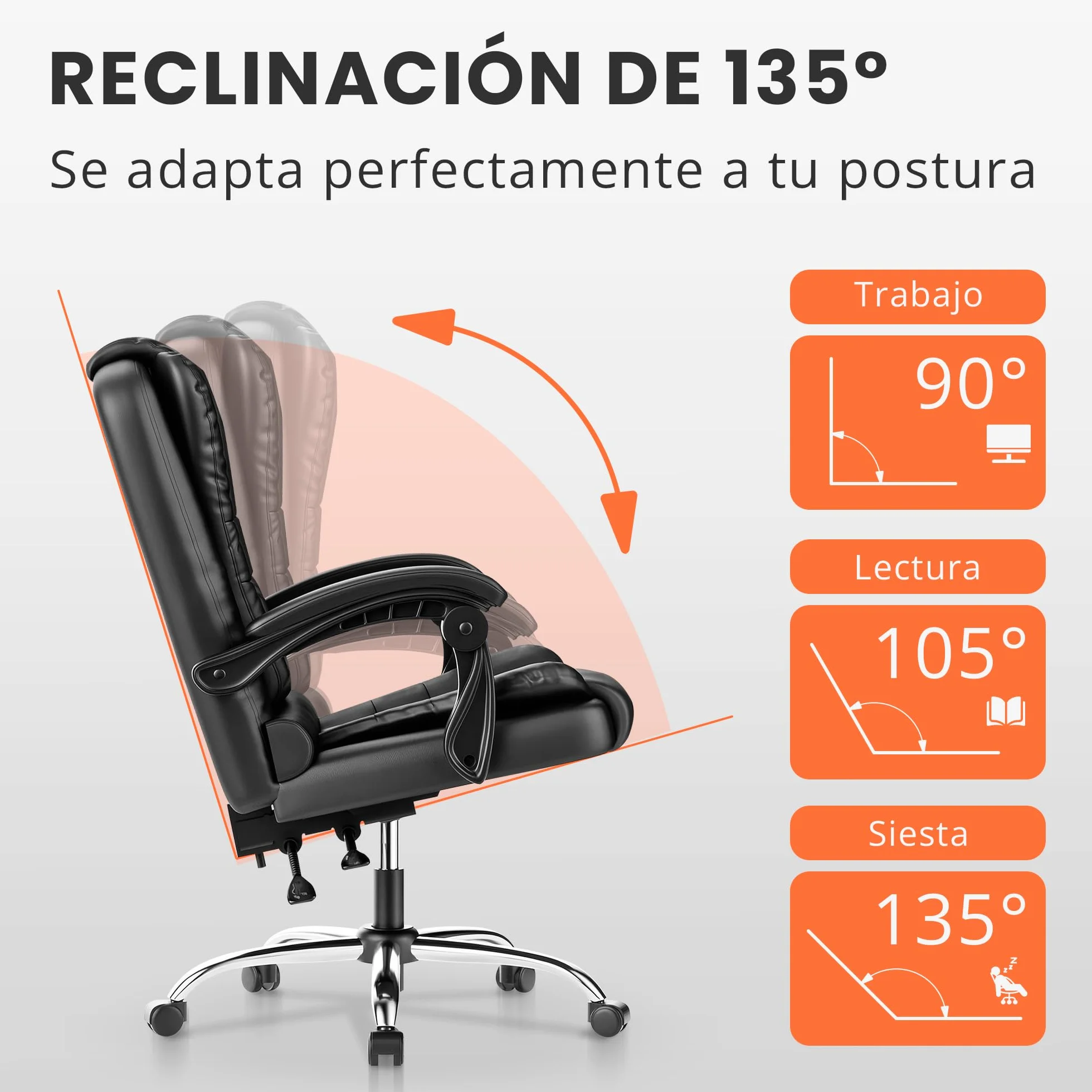 JUPPLIES Silla de Oficina Reclinable con Cojín Lumbar Masajeador, Respaldo Alto de PU Acolchado, Altura Ajustable, Ruedas Silenciosas (Negro)