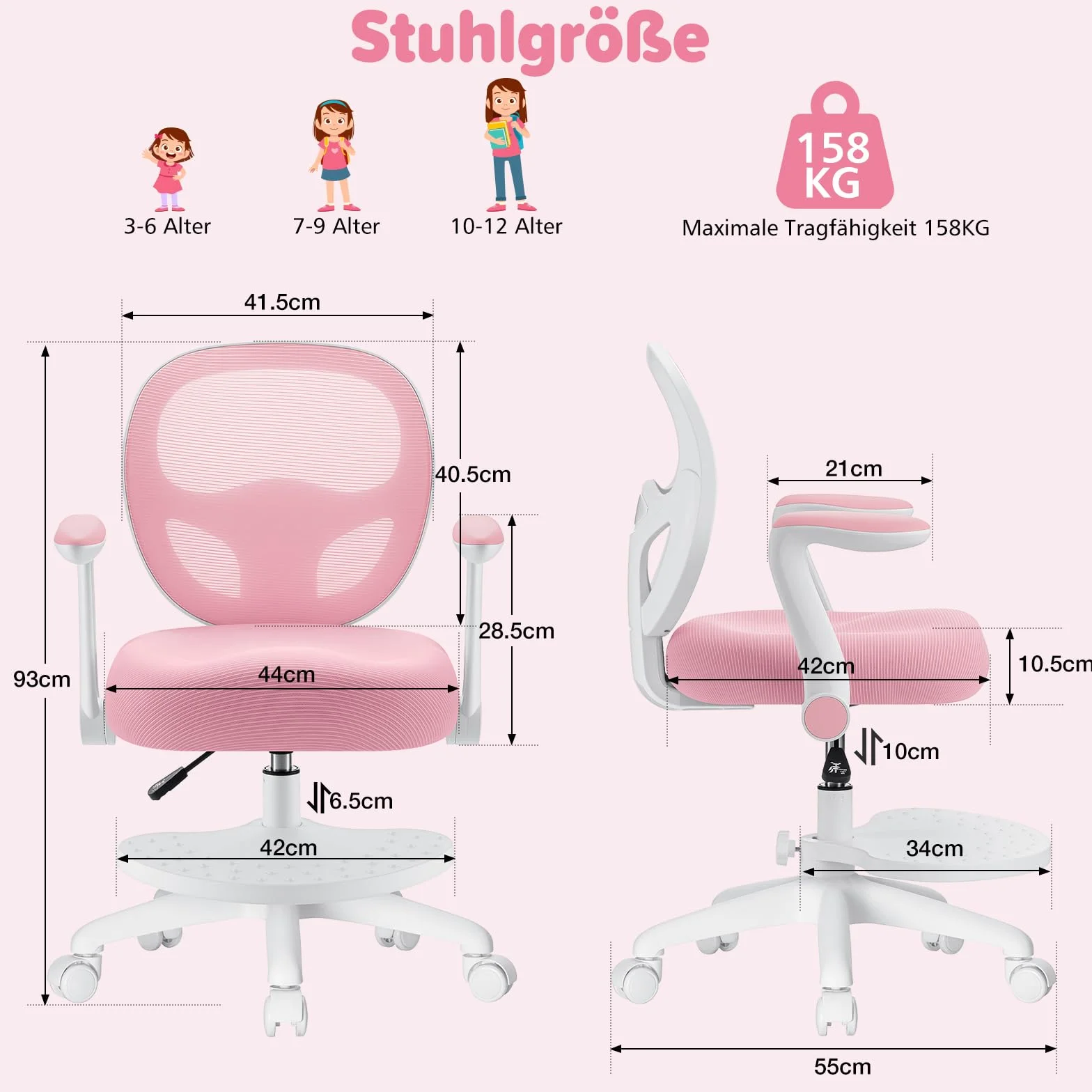 HOFFREE Silla de escritorio para niños, ergonómica, con reposabrazos plegable y reposapiés, giratoria, para niños y niñas, silla de mesa de malla para dormitorio, libros, rosa