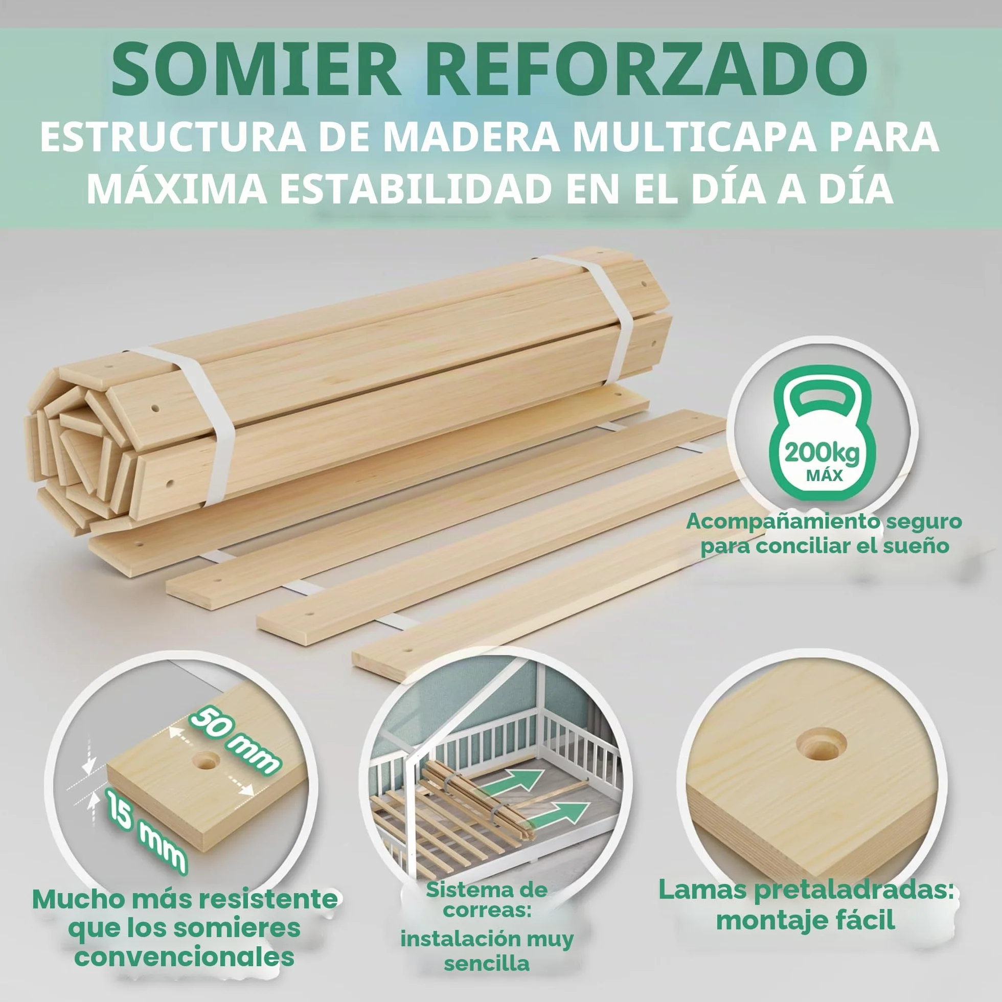CADANI Timi 2en1 Cama Infantil al RAS del Suelo 120x200 cm Montessori con Barrera anticaída Desmontable, Incluye somier, Pino Macizo, Blanco - 3 Variantes de Montaje, hasta 200 kg, Convertible