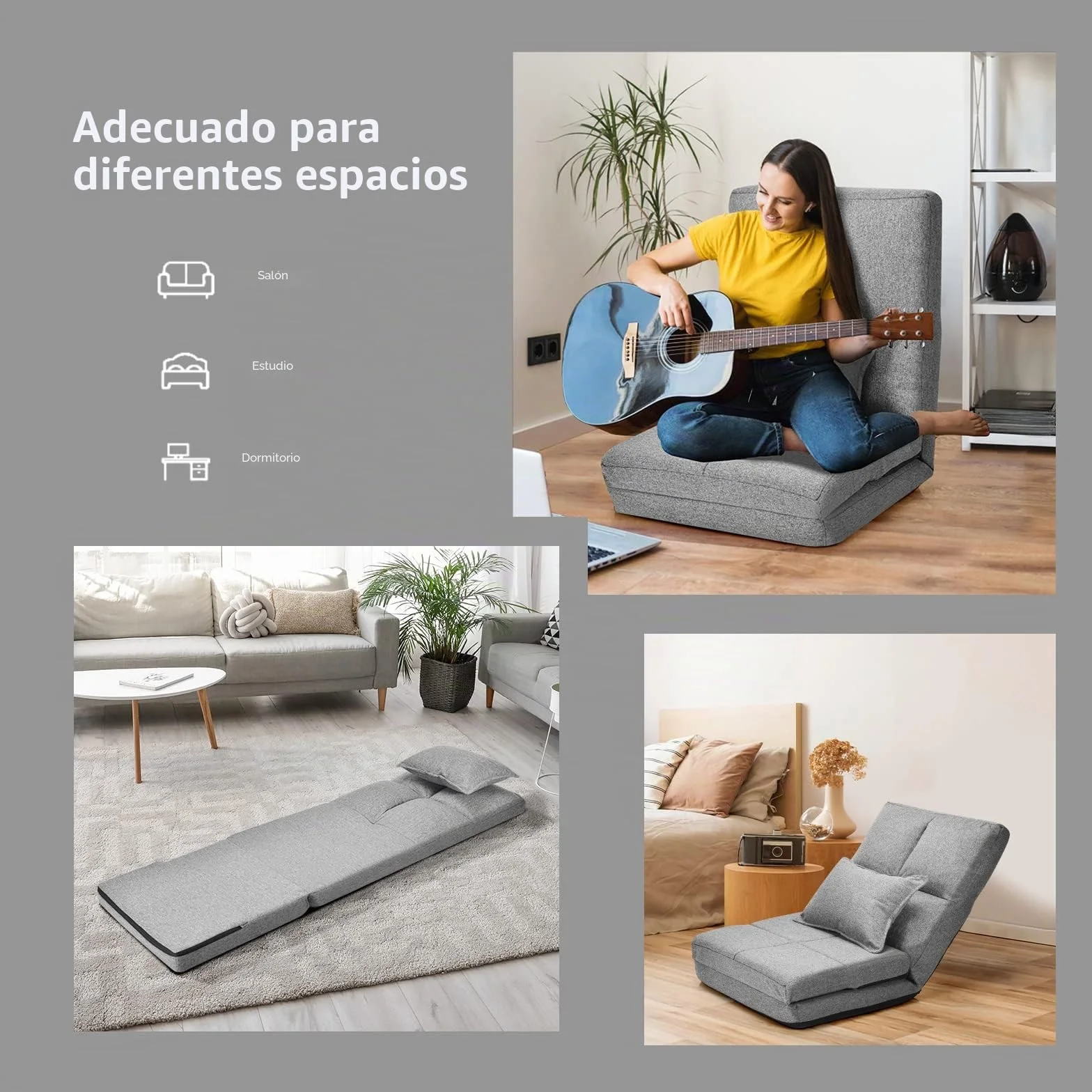 LIFEZEAL Sofá de Suelo Plegable, Silla de Piso sin instalación, sofá Perezoso Ajustable en 5 Posiciones, Silla de Suelo con cojín Lumbar para Leer, meditar en el salón (Gris)