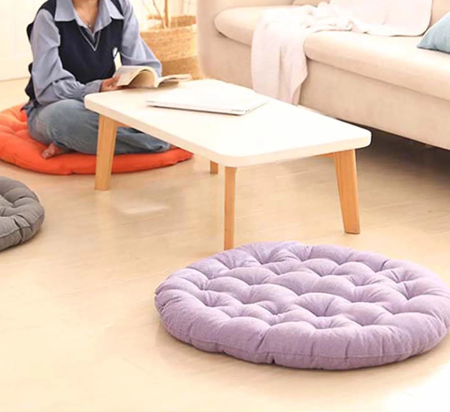 Cojín suave redondo para asiento de suelo meditación, lavable, 65 cm, azul