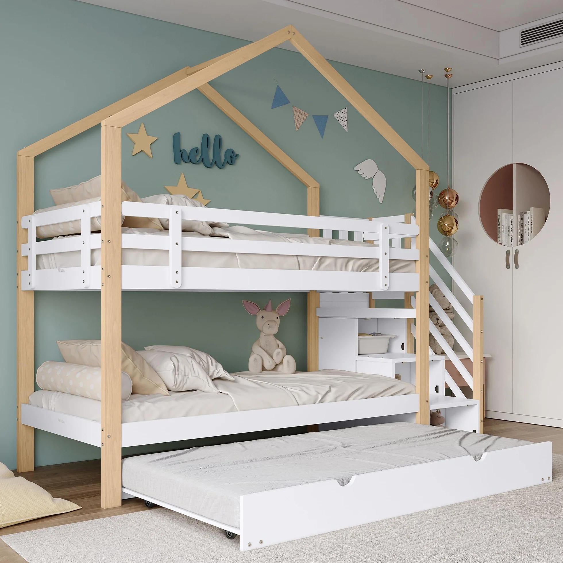 LAKFEW Litera de 90x200 con Cama Nido 90x190 cm, Cama Infantil con Escalera de Almacenaje y Protección Anticaída, Litera Infantil, Camas Infantiles de Madera para 3 Personas, Natur+Blanco, Sin Colchon