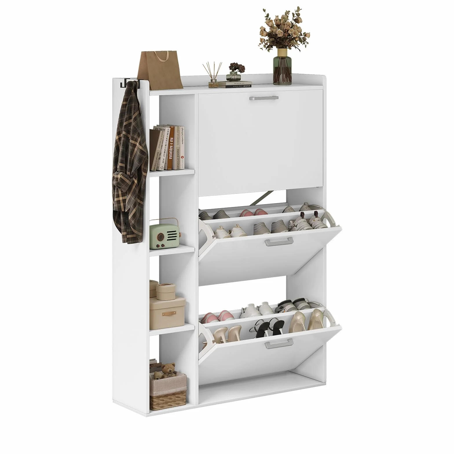 Zapatero Estrecho Recibidor Mueble Zapatero 3 Puertas con 4 Compartimentos de Almacenamiento para 18-24 Pares de Zapatos，para Sala de Estar, Pasillo de Entrada, 80x24x122cm Blanco