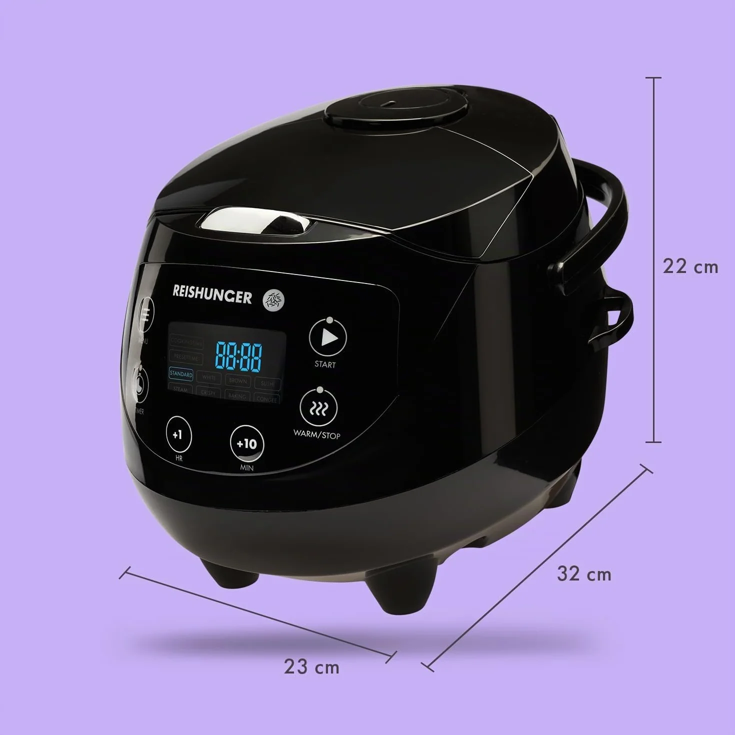 Reishunger Mini Olla Arrocera Eléctrica y Vaporera en Negro hasta 3 Personas (0.6 l) – Hervidor de Arroz con 8 Programas - Con Pantalla LED y Función Automática de Mantenimiento del Calor