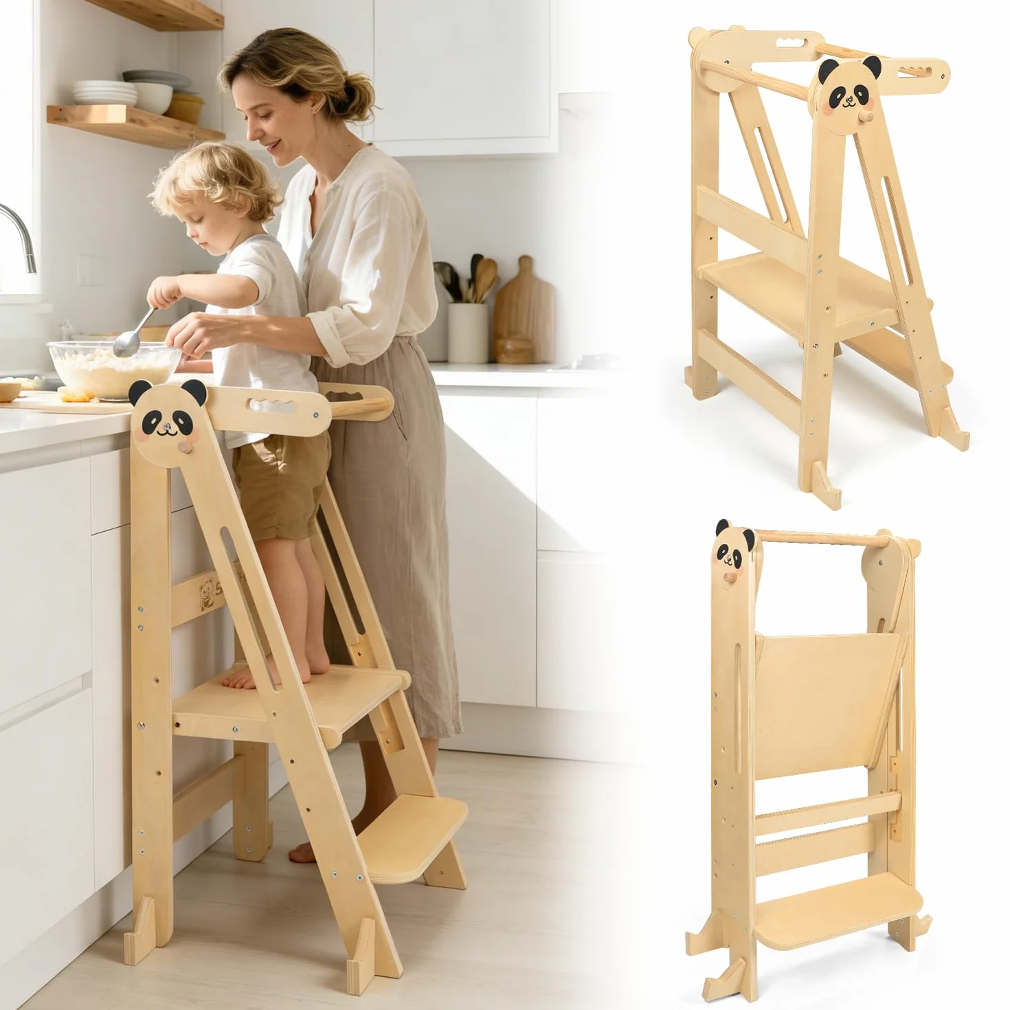 Montessori Torre de Aprendizaje Plegable para Niños con Barandilla de Seguridad y Altura Ajustable