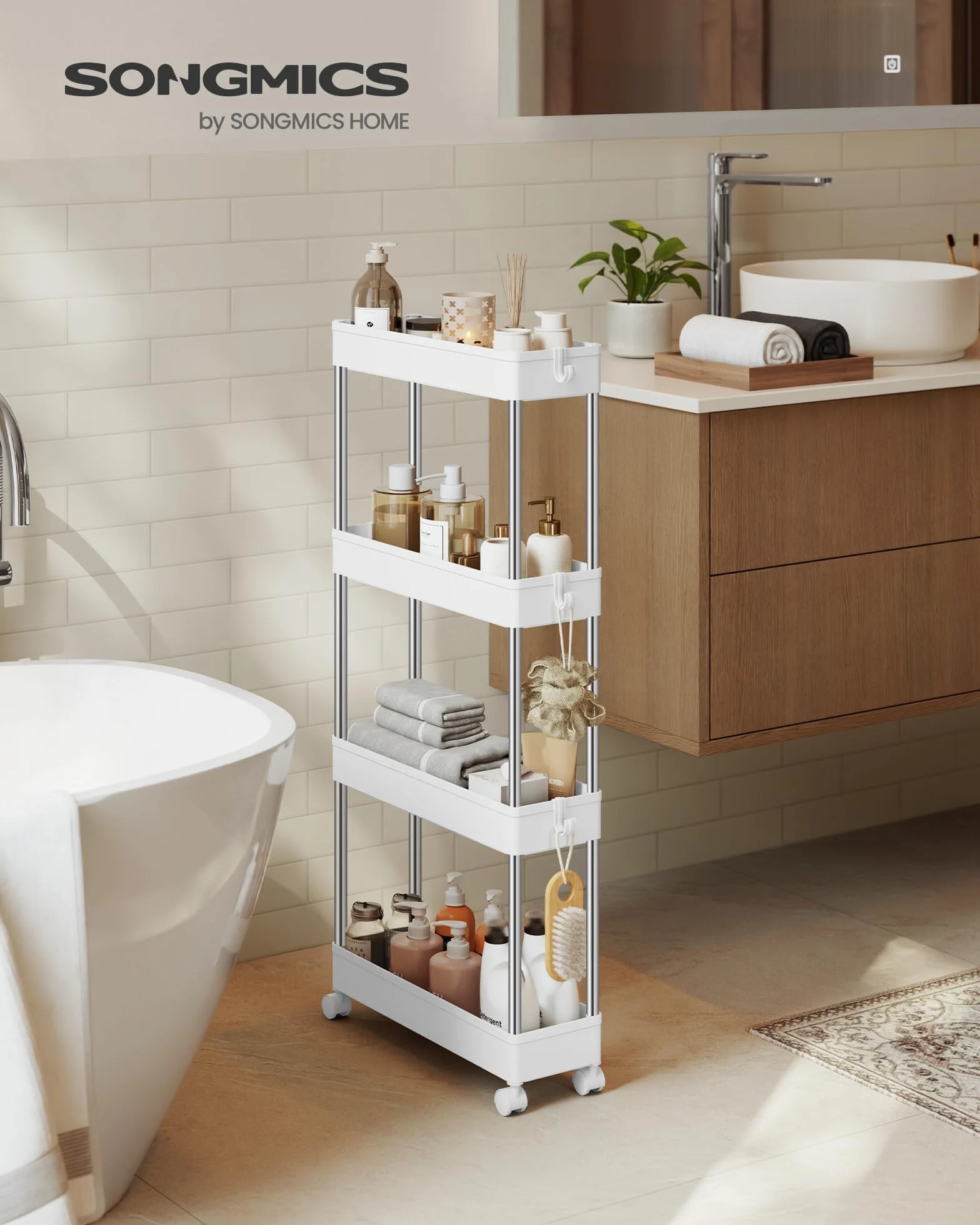 SONGMICS Carro de Almacenamiento de 4 Niveles, Carrito con Ruedas, Carro de Cocina, Ahorro de Espacio, para Baño, Oficina, 14,4 x 42 x 86 cm, Blanco Nube KSC08WT
