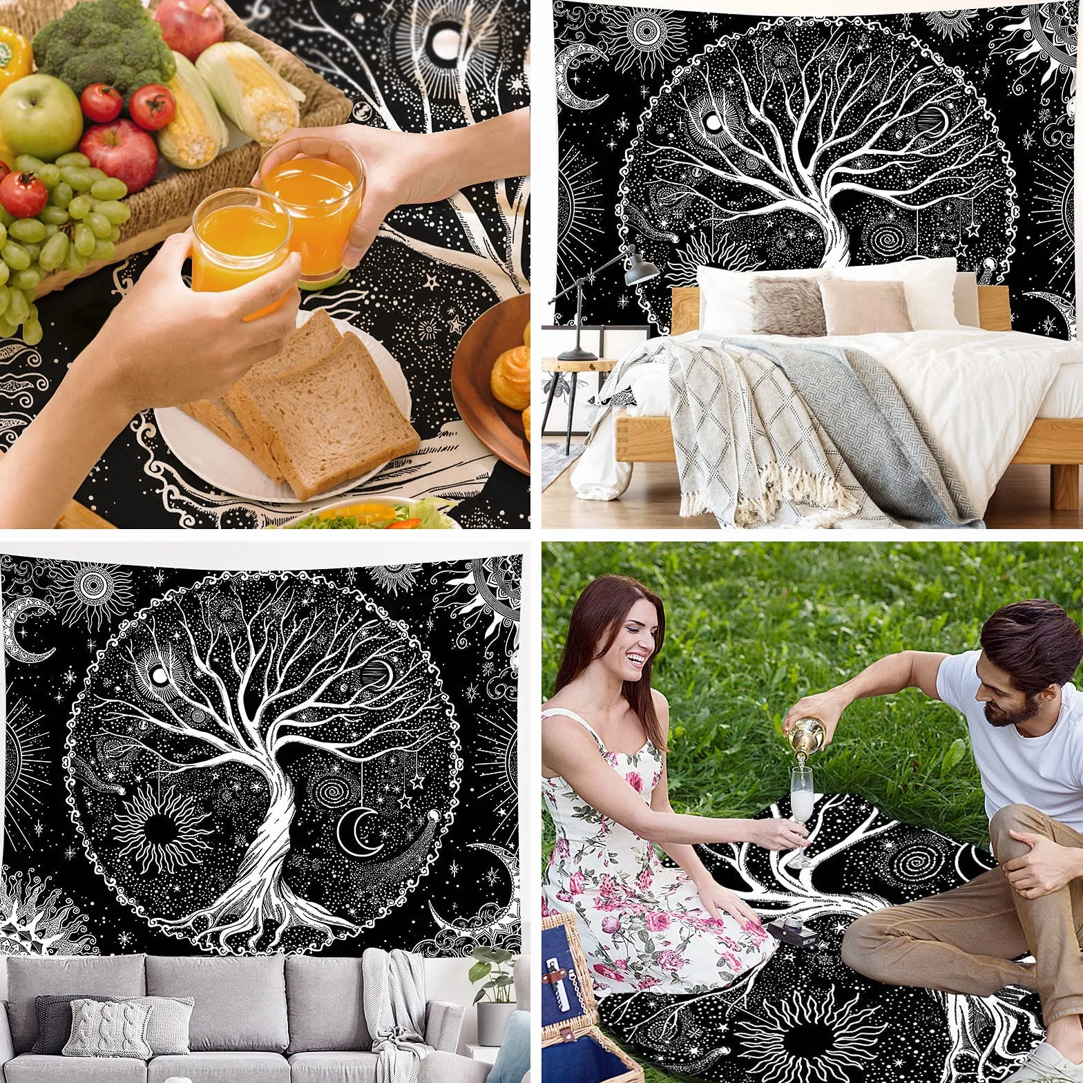 BOZILY Tapiz de pared Árbol de la Vida Blanco y Negro Fases Luna 150x200 cm