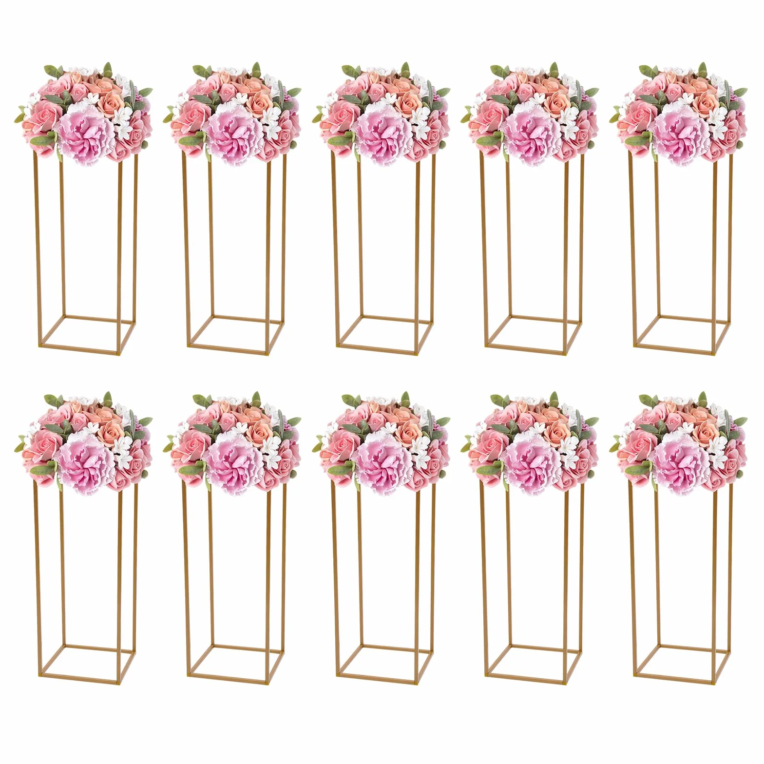 Juego de 10 soportes para jarrones rectangulares dorados, patas metálicas para centros de mesa de boda, expositores de flores para decoración de salón, recepción, 24 x 24 x 60 cm