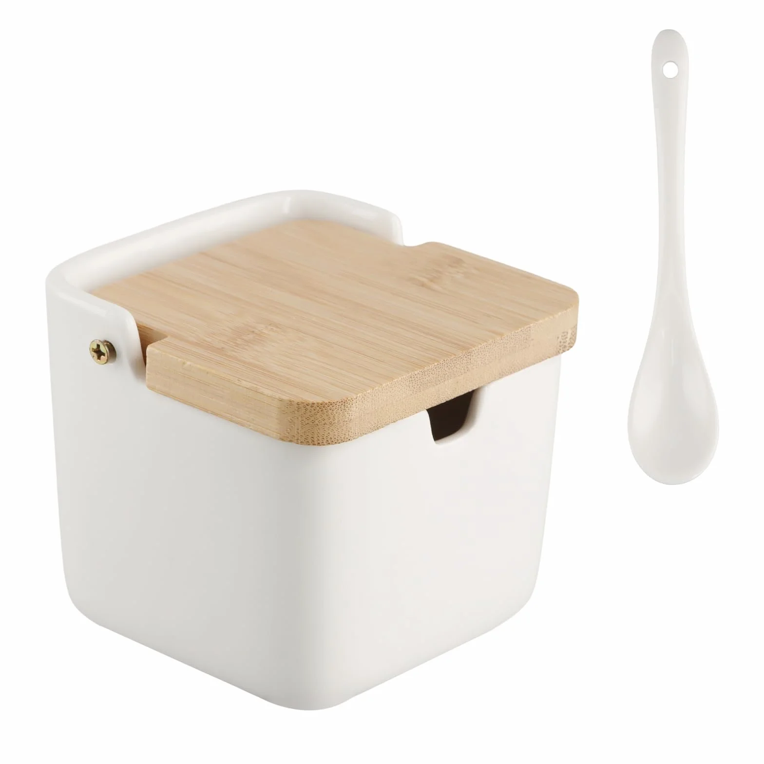 Azucarero, contenedor de sal de cerámica, para condimentos, tarros de especias con tapa de bambú y cuchara de cerámica para el hogar y la cocina (A)