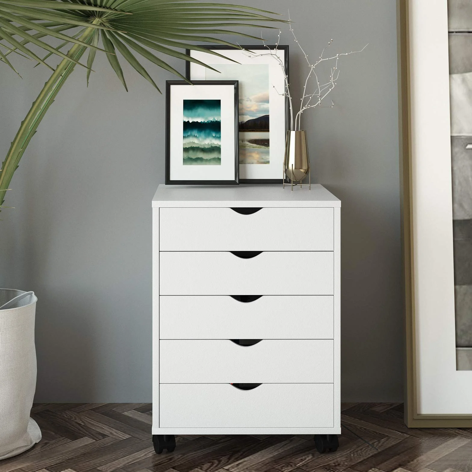 YITAHOME Archivador móvil de 5 cajones, archivador de madera para tamaño A4, documento de tamaño carta, gabinete de almacenamiento debajo del escritorio, archivador vertical portátil, blanco