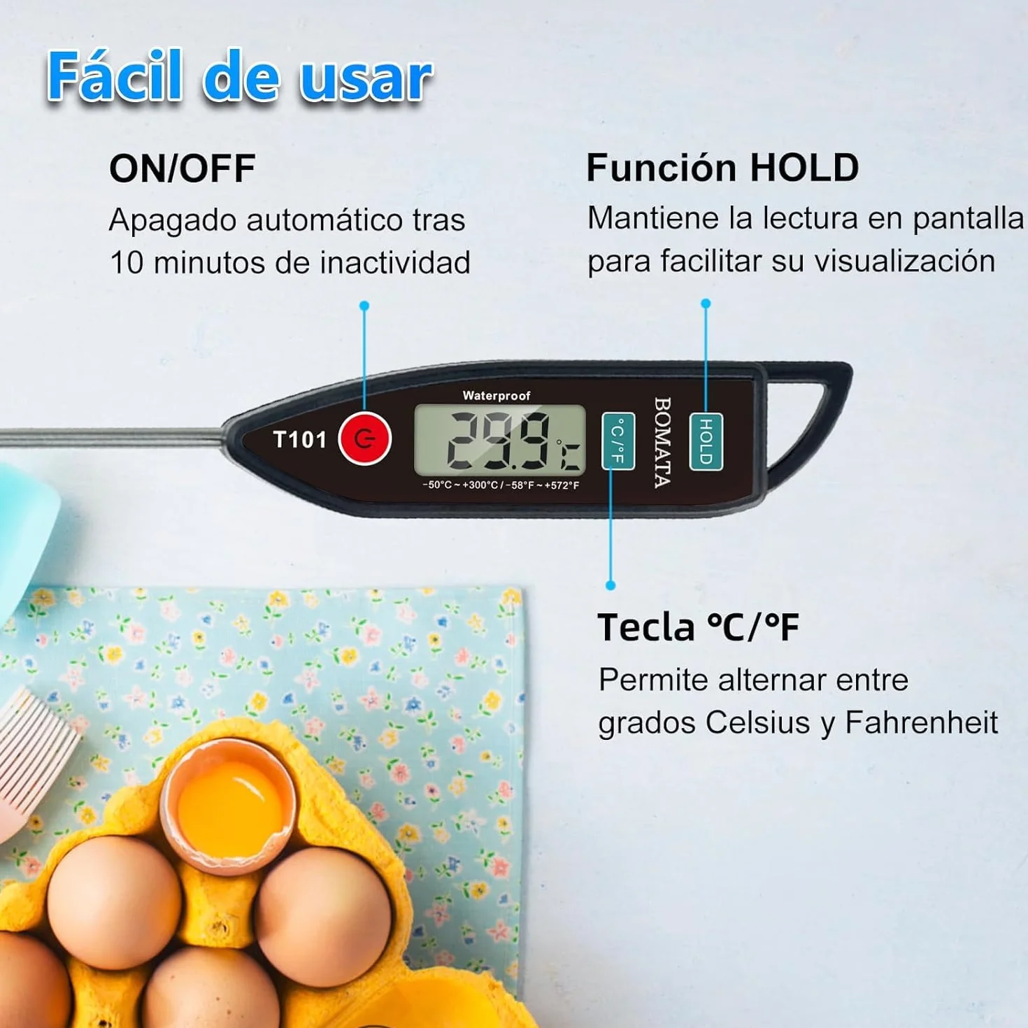BOMATA Termómetro impermeable IPX7, agua, líquidos, velas y cocina. Termómetro de lectura instantánea para alimentos, con sonda larga, para cocinar, carnes y barbacoas.T101 Negro