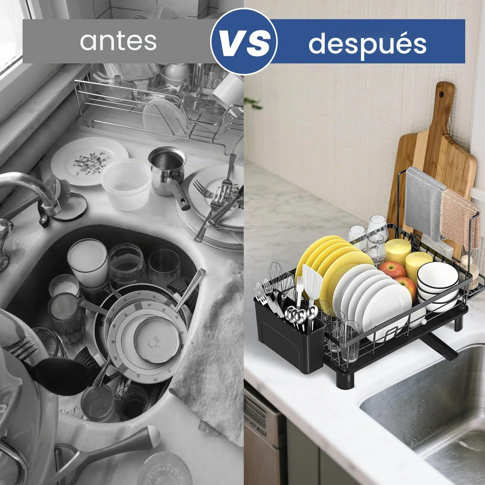Escurridor de Platos Giratorio 360° con Drenaje Automático Extensible, Organizador de Cocina Ahorra Espacio, Negro