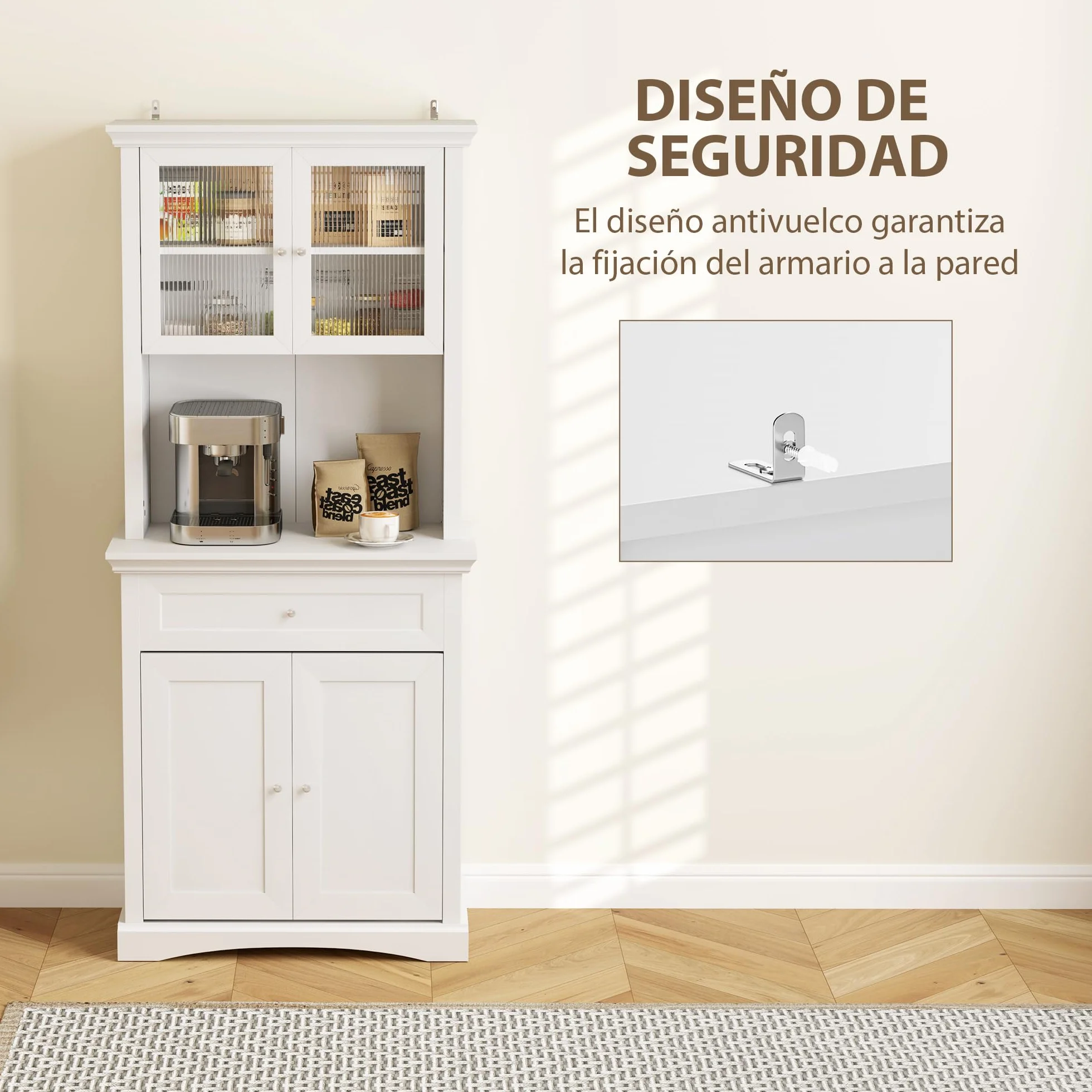 HOMCOM Alacena de Cocina Moderna Armario de Cocina con 1 Cajón 2 Puertas de Vidrio y Estantes Ajustables Carga 50 kg para Comedor Salón 79x40x180 cm Blanco