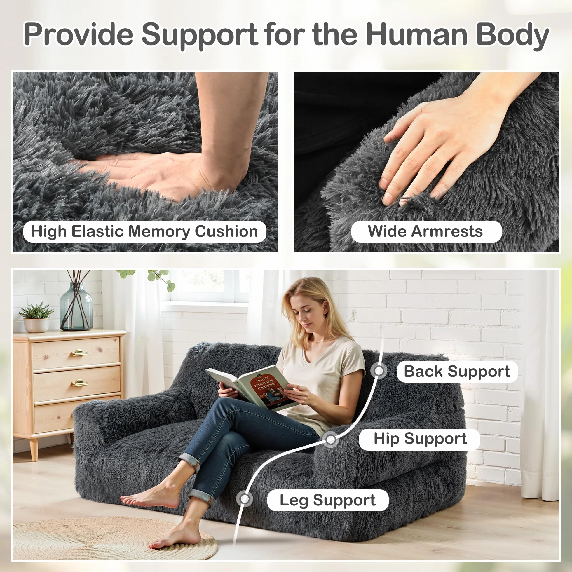 Pamapic Puff Salon, Sillon Puff con Relleno Incluido,Sofás de Dos Plazas, Sillas de Salon Ergonomicas, Bean Bag Interior para Sala de Estar, Dormitorio, Sala de Juegos, Gris