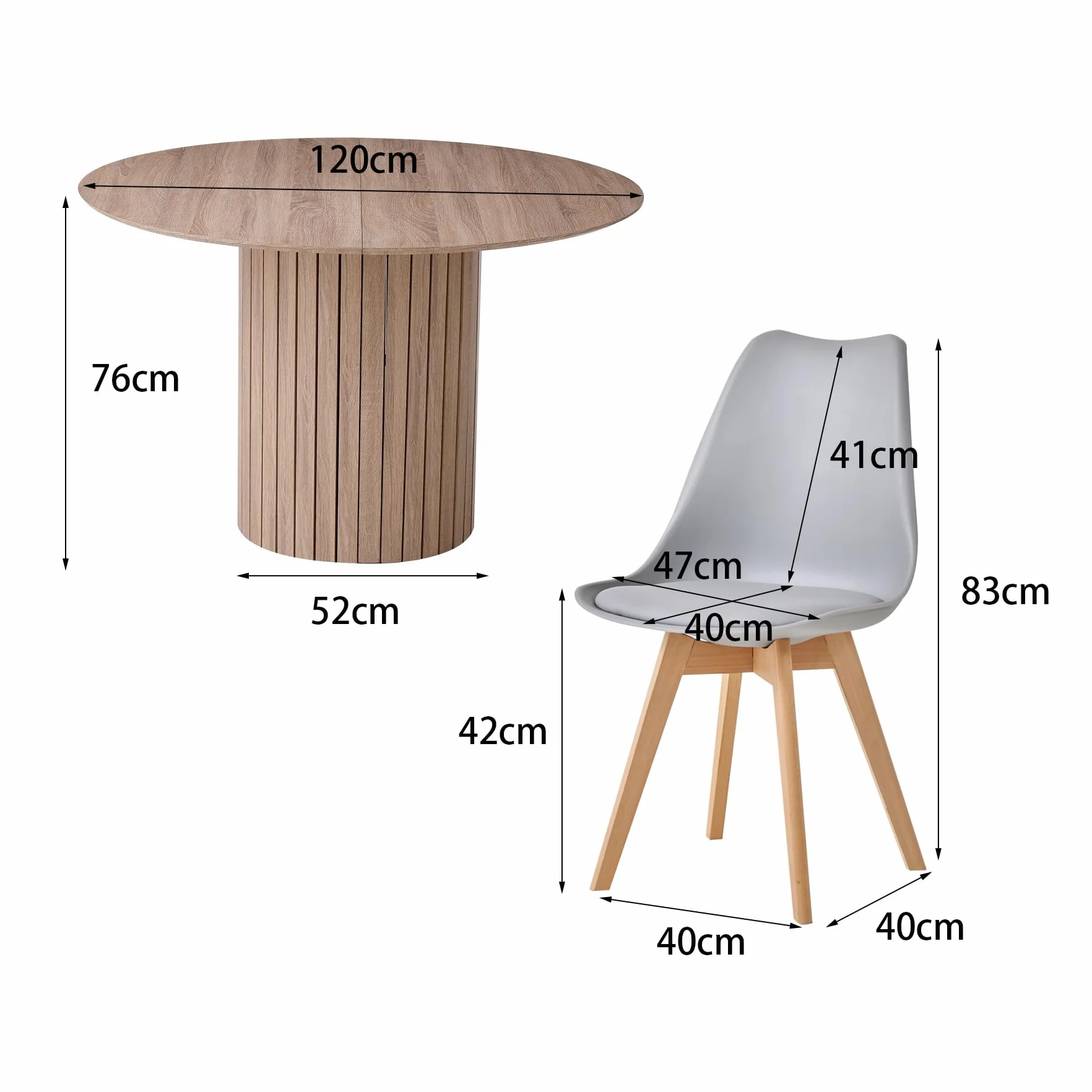 Mesa de Comedor Redonda de 120 cm con 6 Sillas de Comedor, Juego de Comedor, Mesa de Cocina con Base de Madera, Sillas de Cocina de Plástico, Marrón Claro + Gris